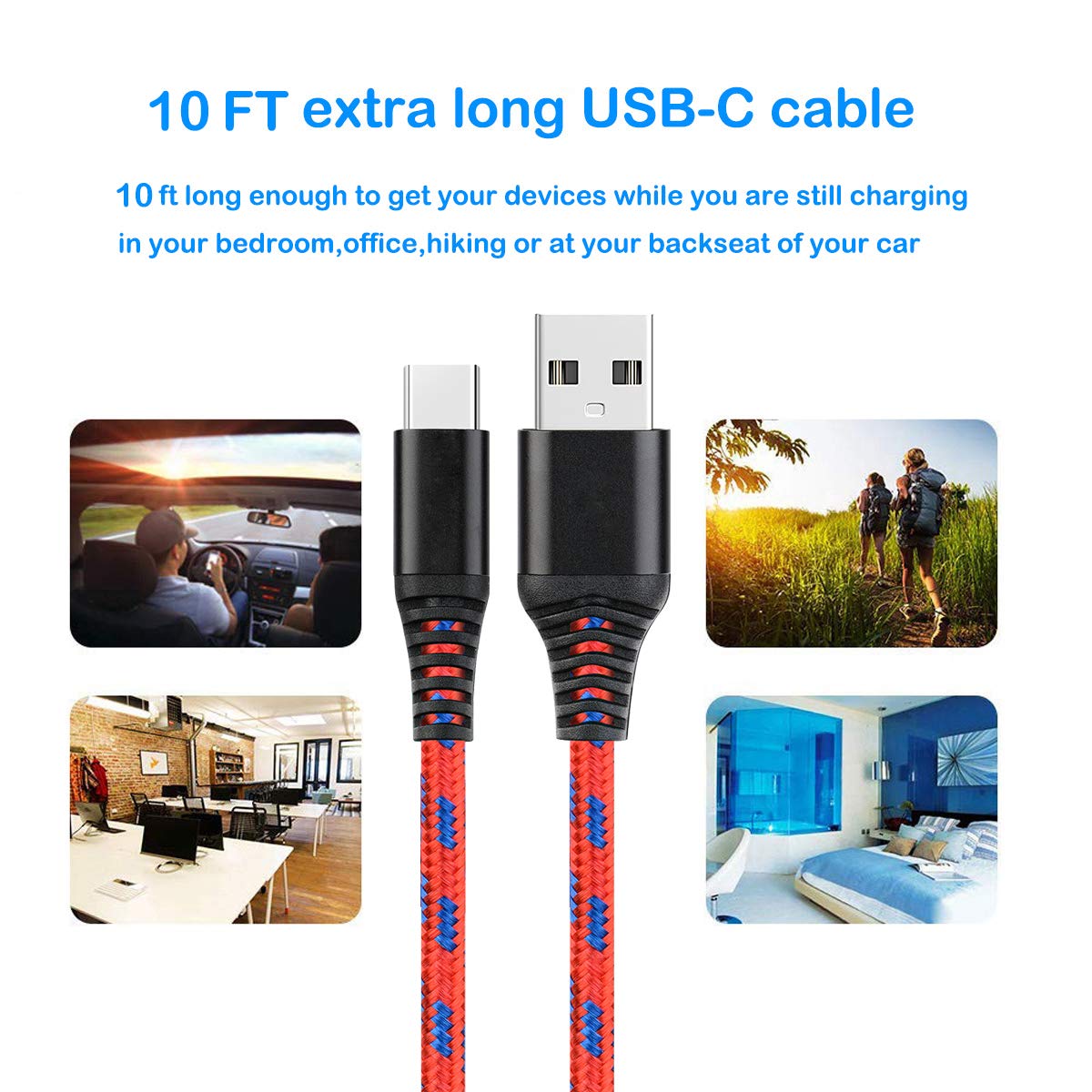 2-Pack 10ft USB Type C Fast Charging Cable - Quick Charge 3.0 Compatible with Samsung Galaxy S20/S10/S9/A71/A51/A31/A11, Kindle Fire 10, Xbox Series S, Xiaomi Redmi 10 - Perfect for Home, Office & Travel Charging