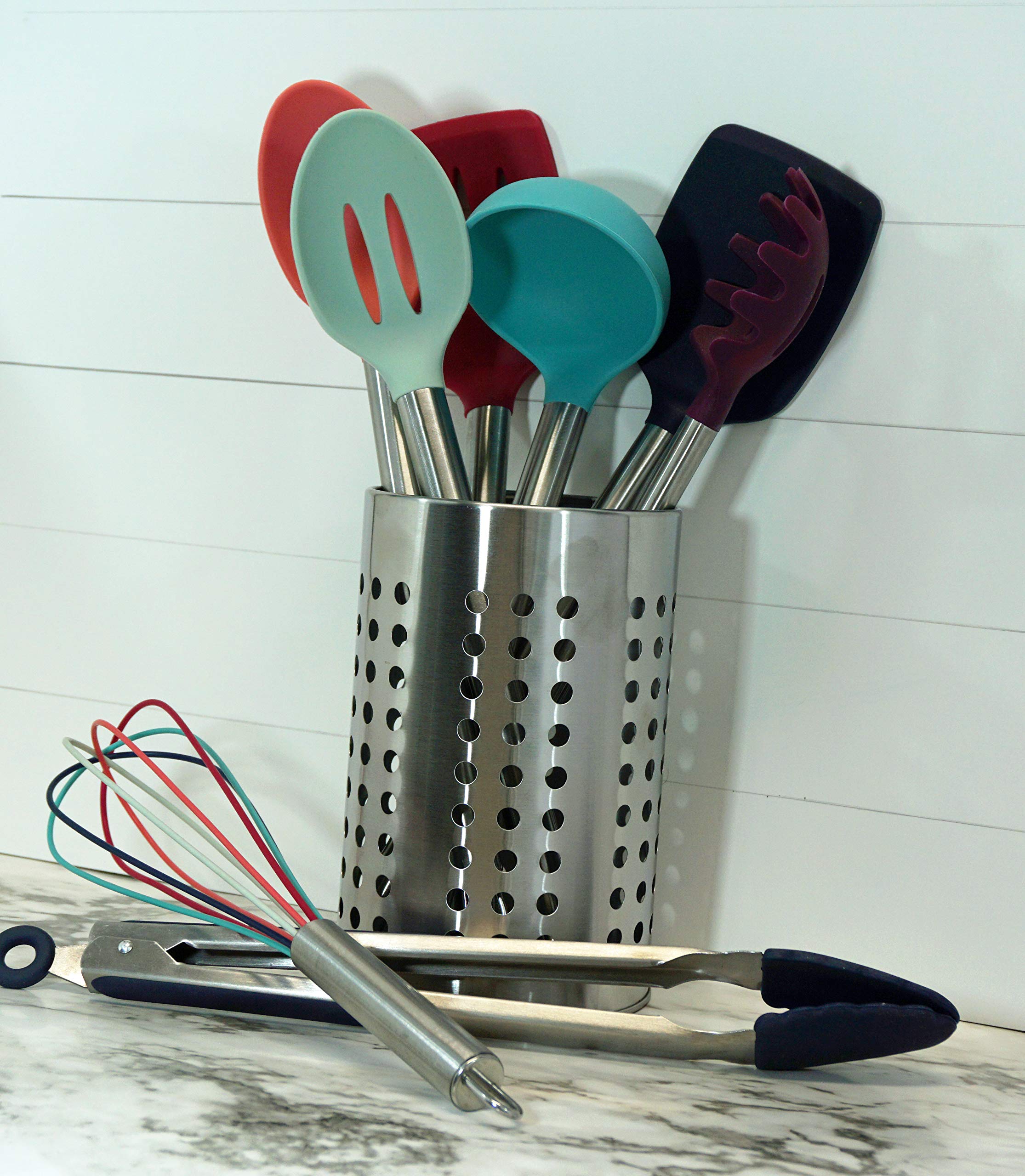 Premium Stainless Steel Cutlery Holder with Dotted Design - Multipurpose Organizer for Utensils, Pens & Brushes - 4.3 Inch Silver Kitchen & Office Accessory - Perfect for Countertop, Desk & Bathroom Storage