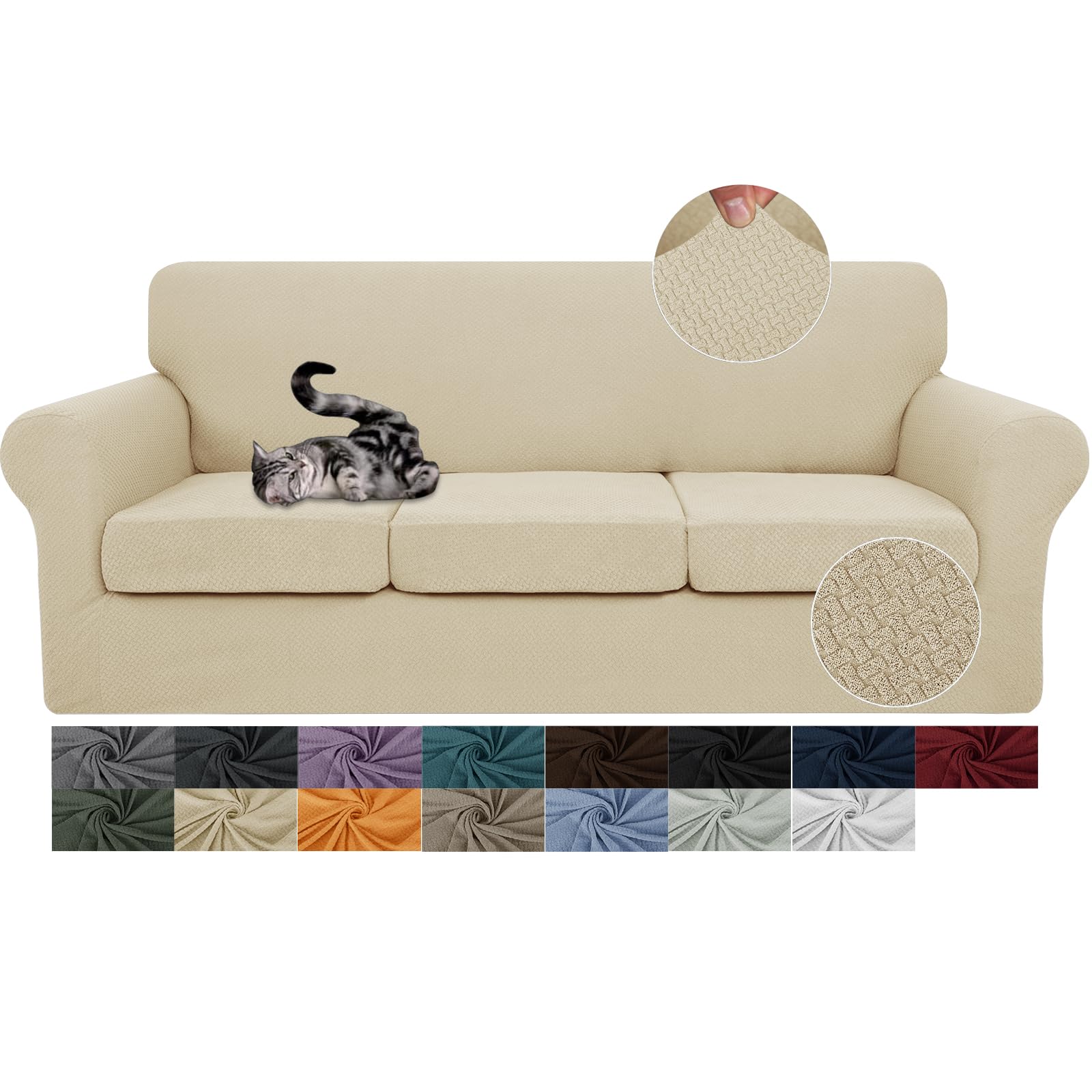 JIVINER 4-Piece Stretch Sofa Slipcover Set with 3 Extra Large Cushion Covers - Thick Fitted Couch Cover for 3-Cushion Sofa in Light Beige - Perfect for Living Room, Family Room & Home Decor (XL Size)
