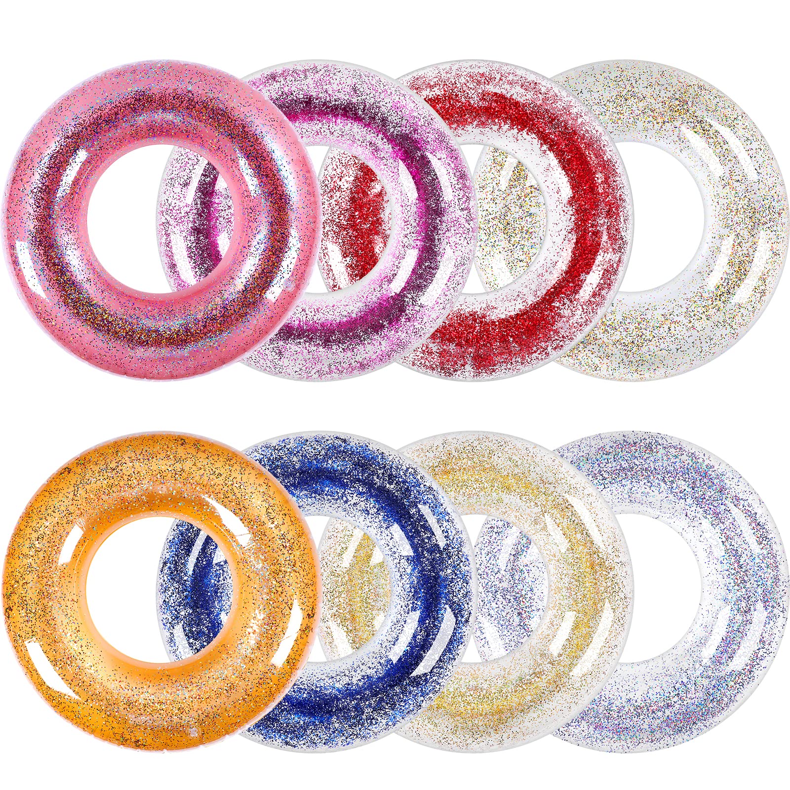 8-Piece Transparent Glitter Inflatable Pool Float Tubes for Kids - Swim Rings for Boys & Girls, Summer Beach Party Decorations, Pool & Lake Water Fun Accessories
