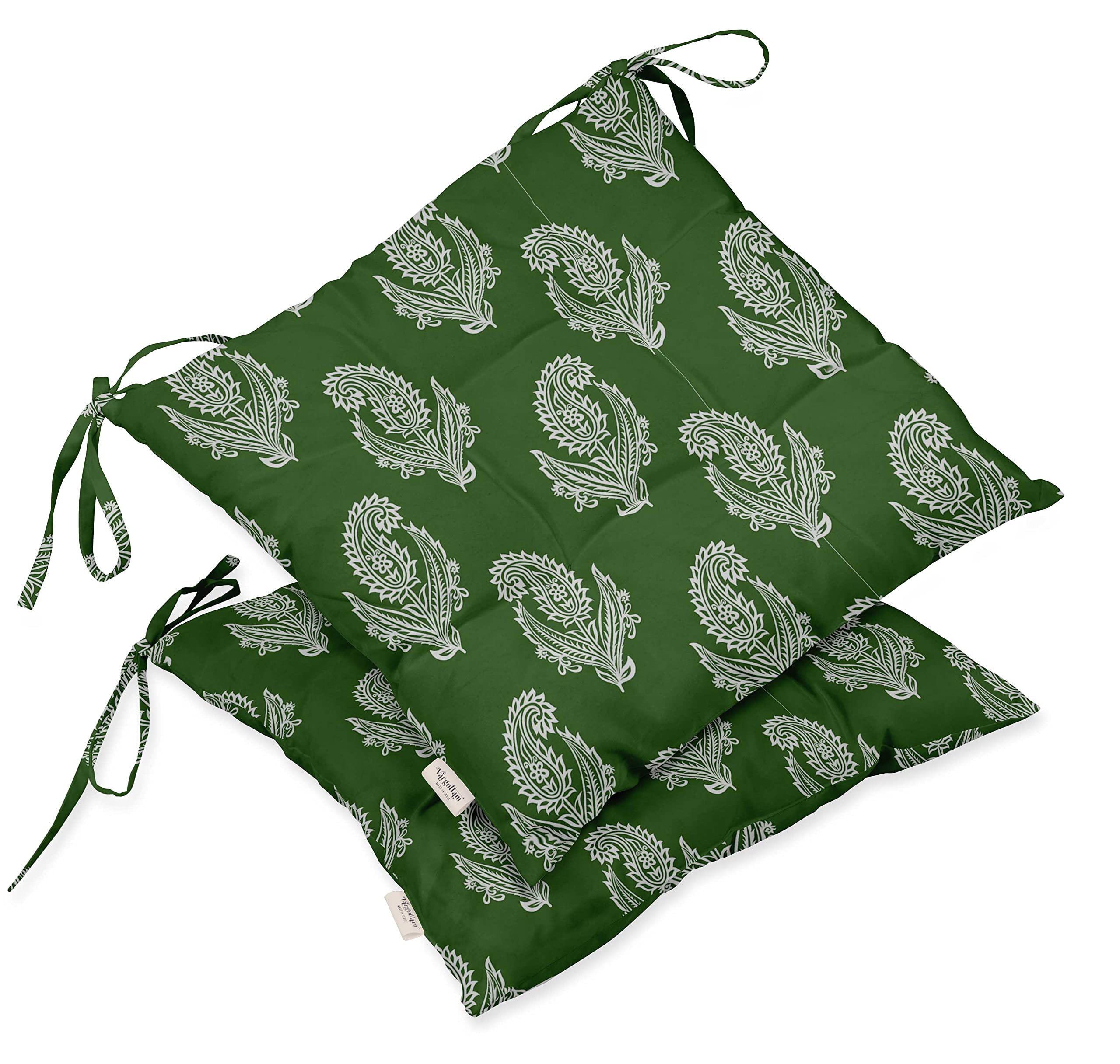 Water Resistant Indoor/Outdoor Tufted Square Patio Cushion Set of 2 - 19-inch Green Asian Block Paisley Printed Seat Cushions for Garden, Deck & Poolside Furniture | Weatherproof Outdoor Decor