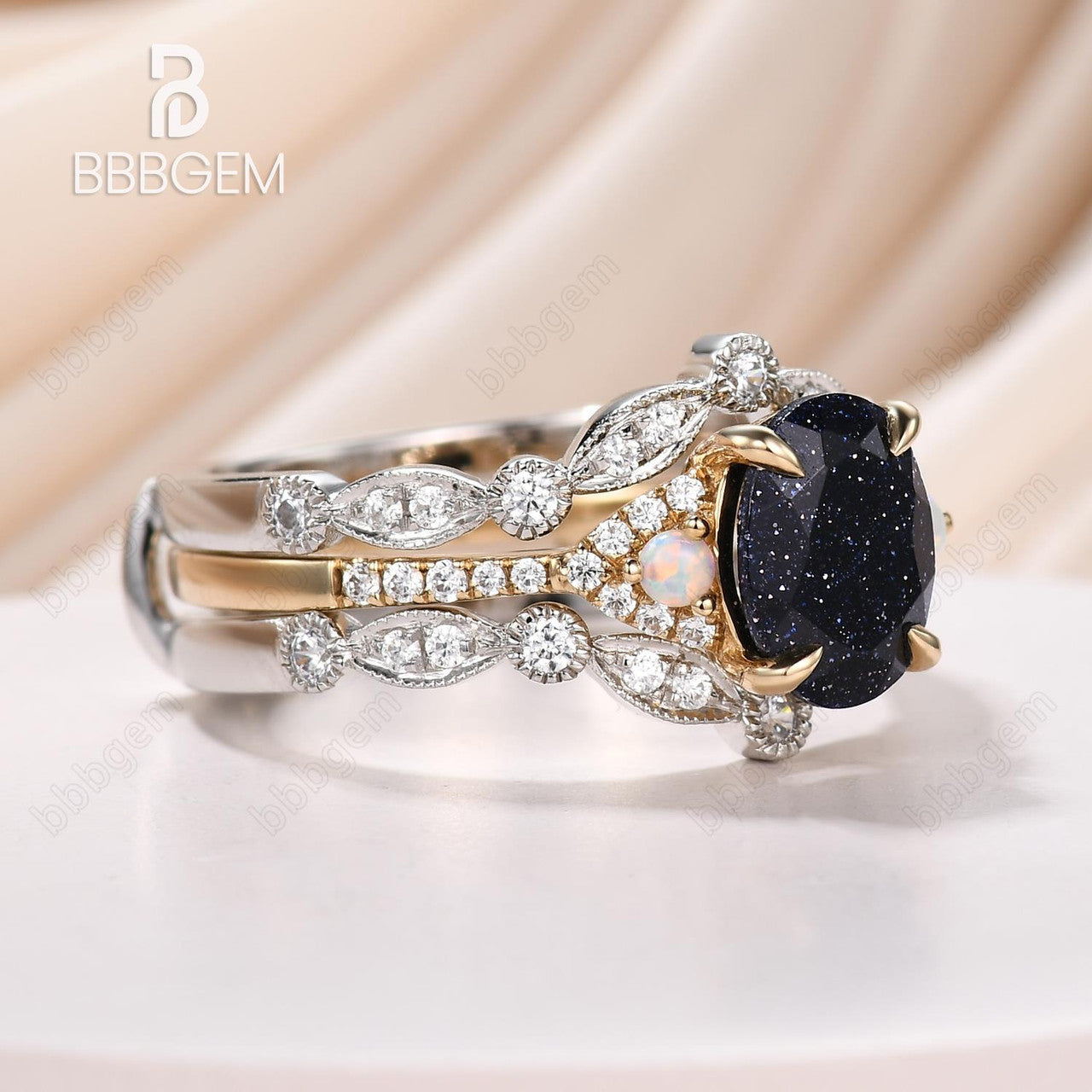 Three Stone Oval Blue Opal Wedding Ring Set in 14k White & Yellow Gold with Diamond Guard Ring Enhancer – Elegant Stackable Bridal Jewelry for Engagement, Anniversary & Special Occasions