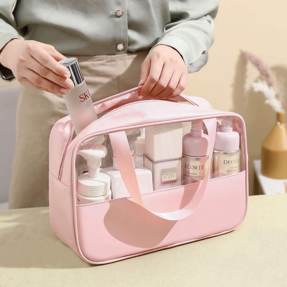 Luxula Clear PVC Travel Cosmetic Bag - Waterproof Makeup Organizer & Toiletry Pouch for Women & Girls (Pink, Large Size) - Perfect for Air Travel, Gym, Beach & Daily Essentials Storage