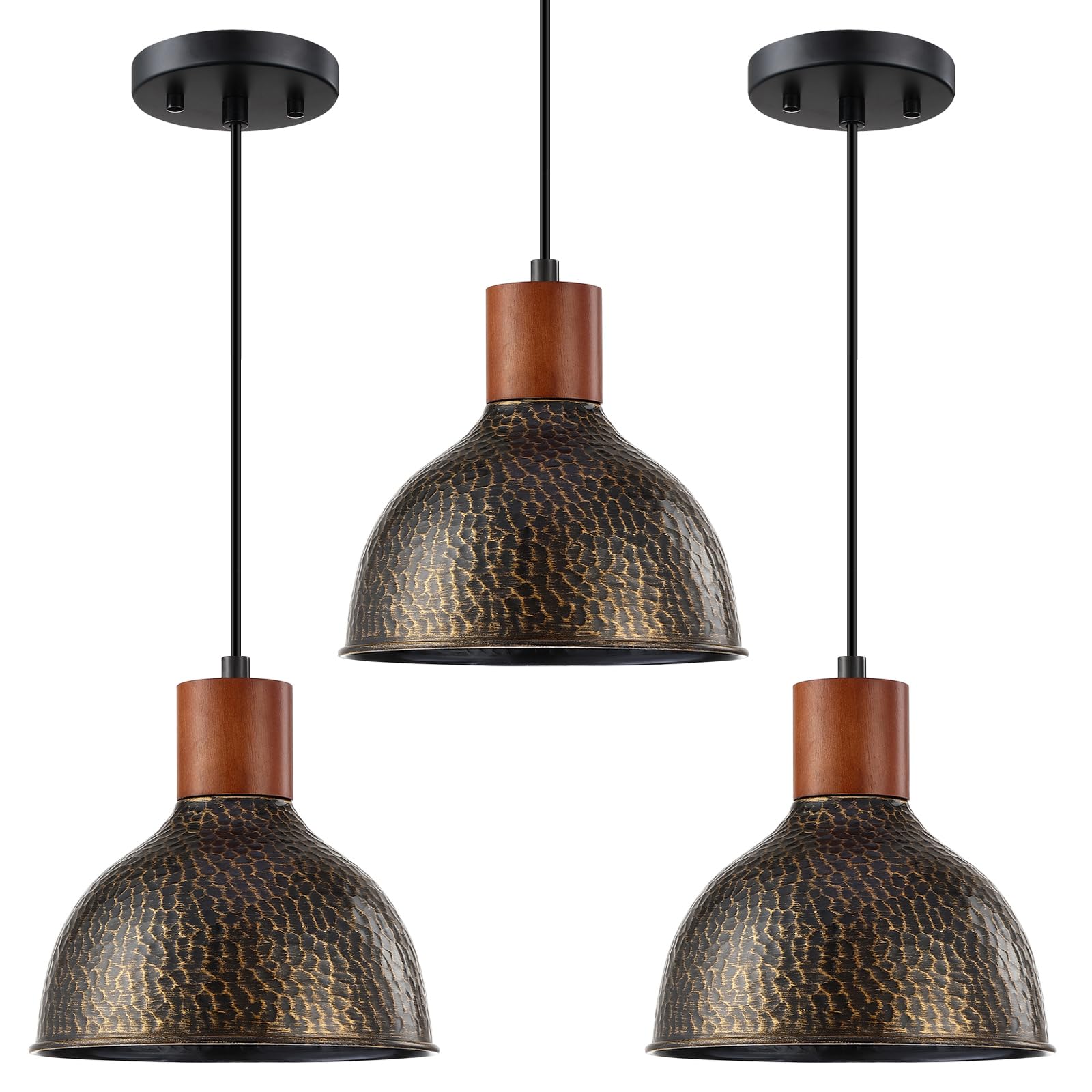 Vintage Industrial Farmhouse Pendant Light - Adjustable Hanging Kitchen Island Ceiling Fixture with Natural Wood & Rubber, Oil Rubbed Bronze (3 Pack) - Perfect for Dining Room, Over Sink, Bar Counter & Breakfast Nook Lighting