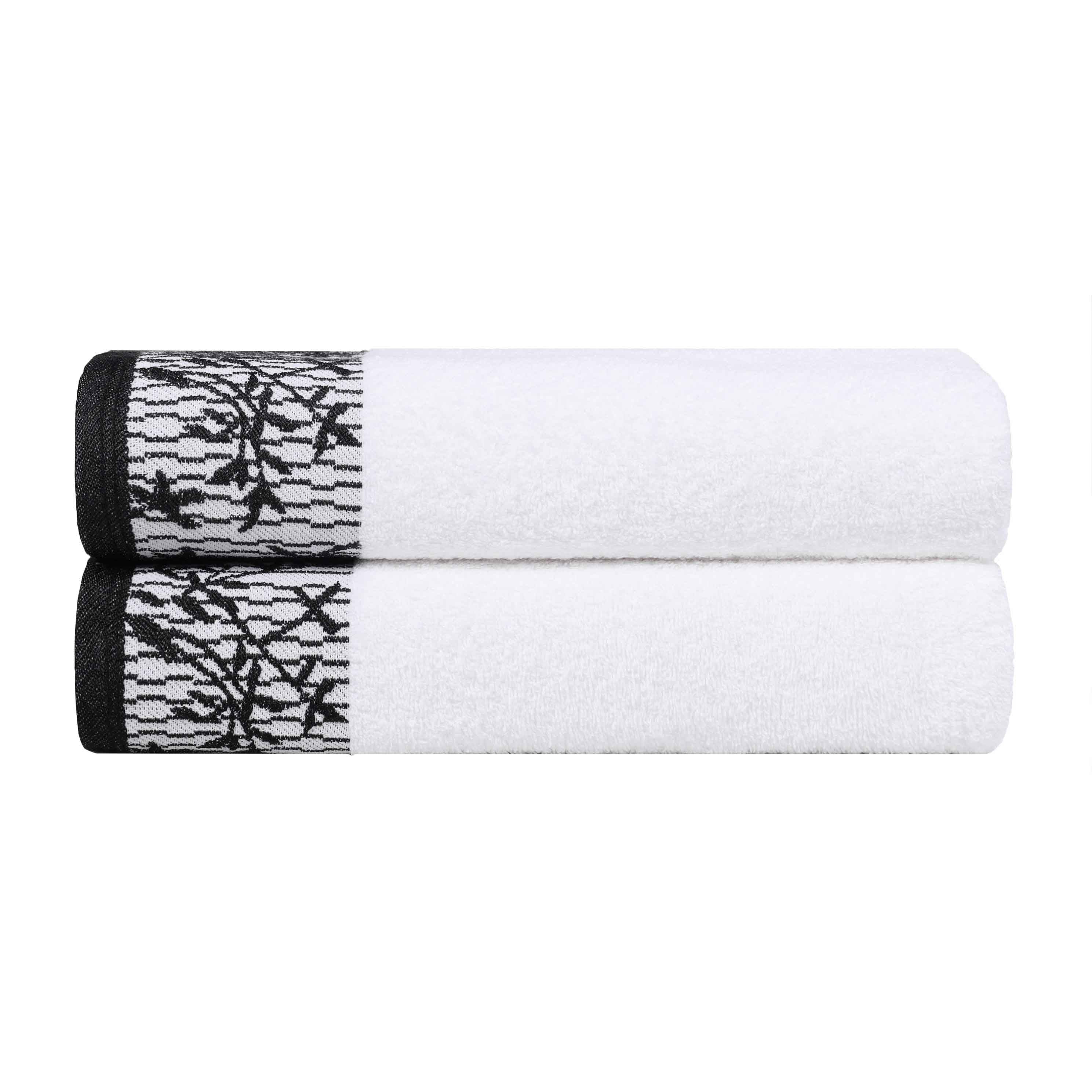 Premium Wisteria Cotton Floral Embroidered Jacquard Border Bath Towel Set of 2 - Soft Absorbent Luxury Towels for Spa, Bathroom & Guest Use