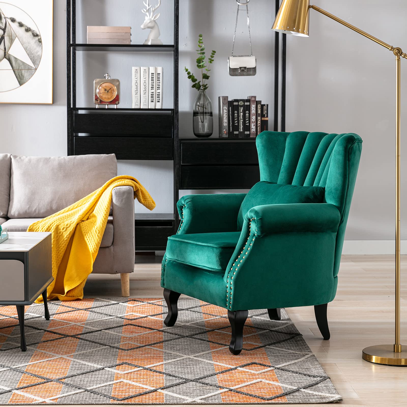Midcentury Modern Accent Reading Arm Chair - Tufted Wingback Club Chair with Velvet Upholstery for Living Room, Bedroom & Reception - Comfy Corner Sofa Chair for Relaxing & Waiting Areas