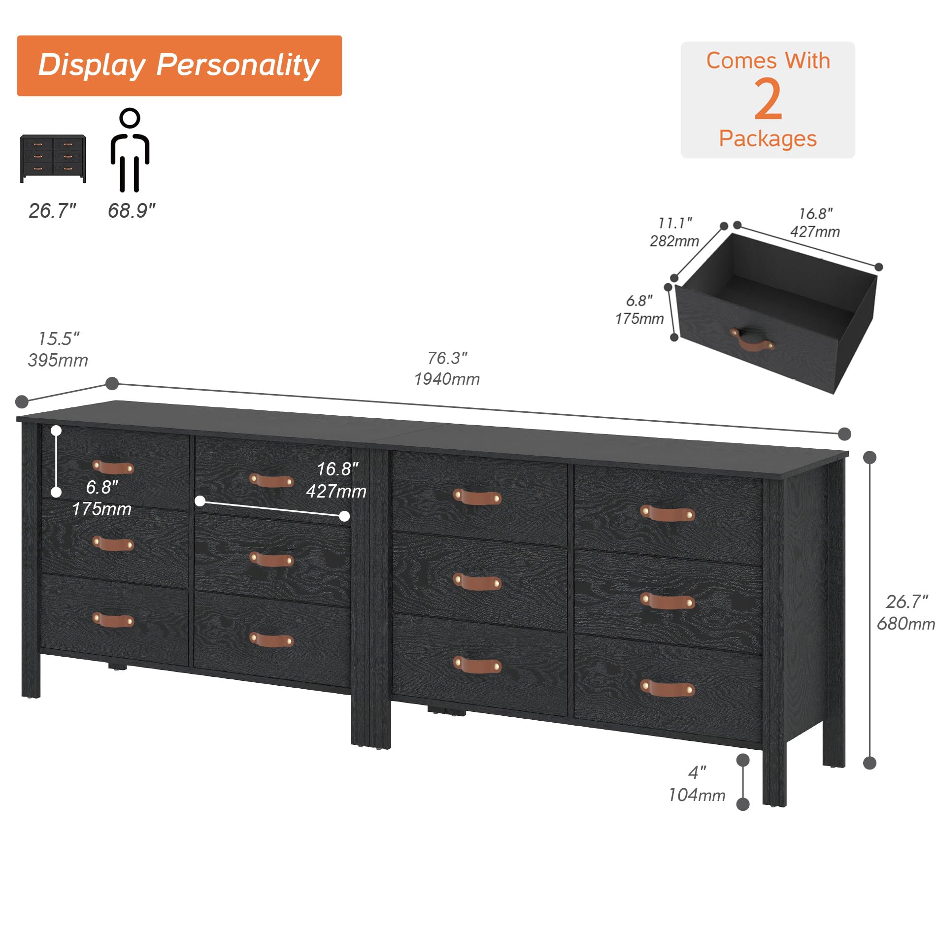 WAMPAT 12-Drawer Dresser - Mid Century Modern Wooden Chest of Drawers for Bedroom, Nursery & Living Room | Black Kids Dresser with Wide Storage Organizer | Perfect for Baby Clothes, Toys & Home Organization