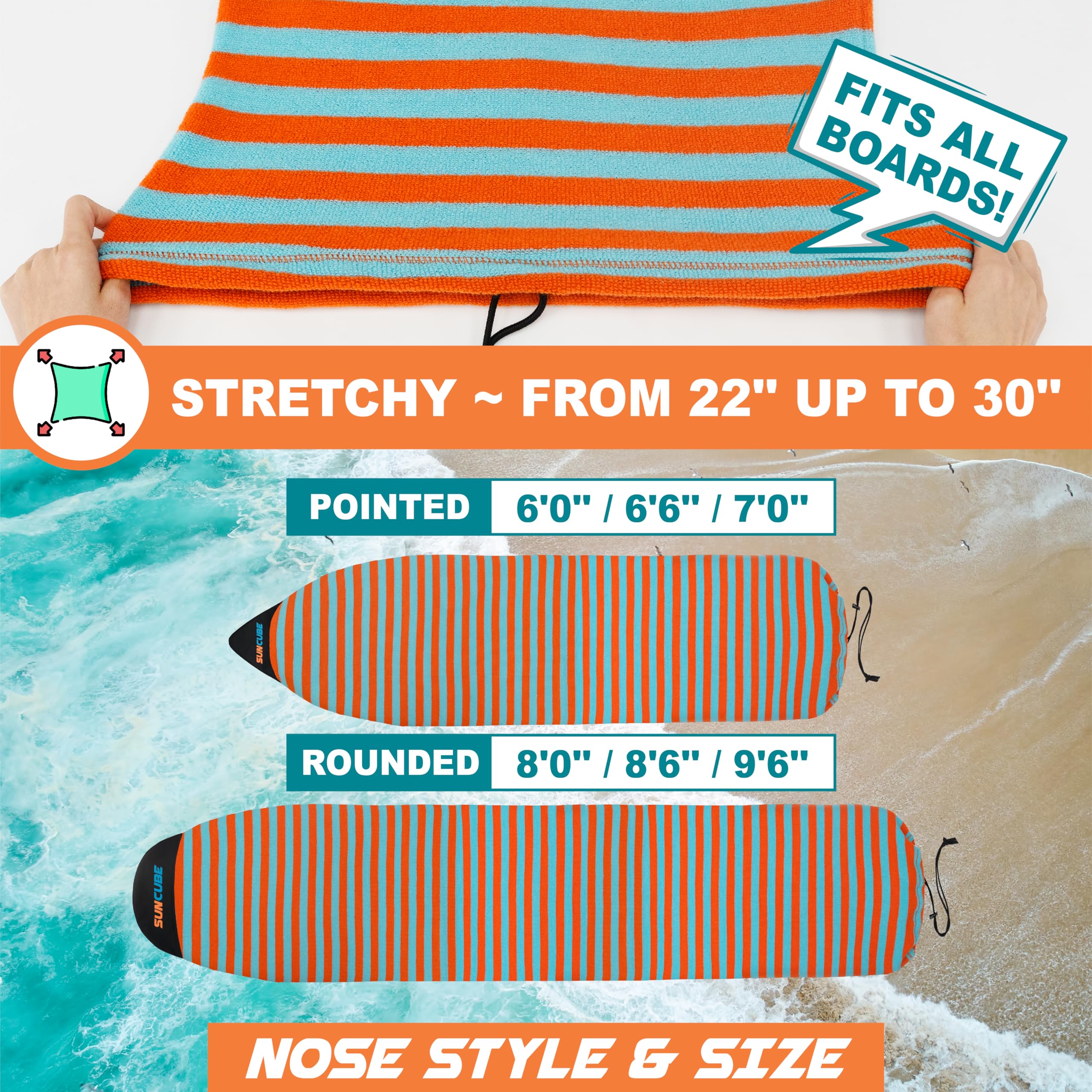 **SUN CUBE Surfboard Sock Cover - Stretchy Protective Bag for Longboard, Hybrid & Shortboard - Ideal for Travel, Storage & Board Protection**