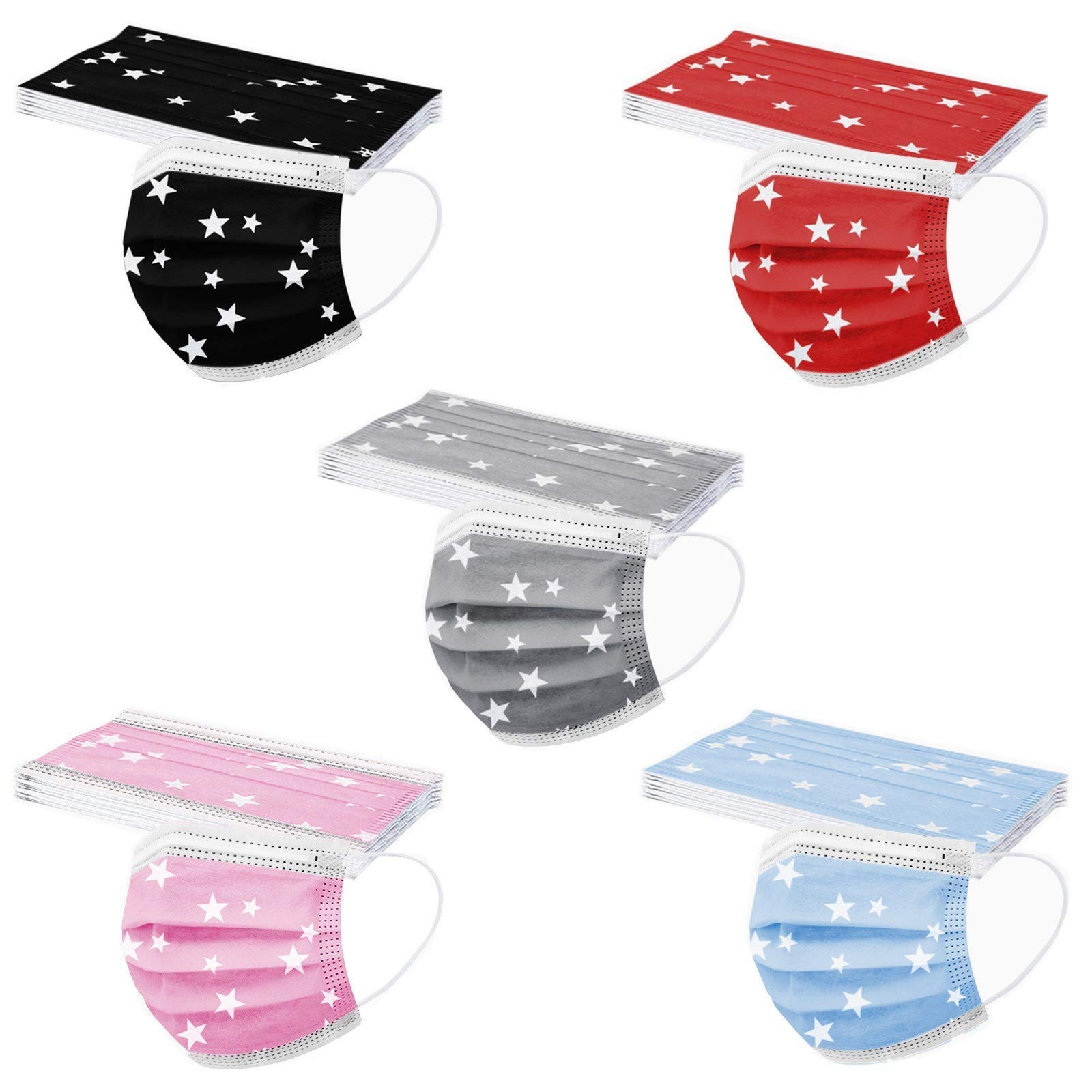Cookinty 50pcs Star Print Disposable Face Masks - 3-Ply Breathable & Adjustable for Adults - Fun Holiday Party Masks for Christmas, Halloween & Cosplay Events
