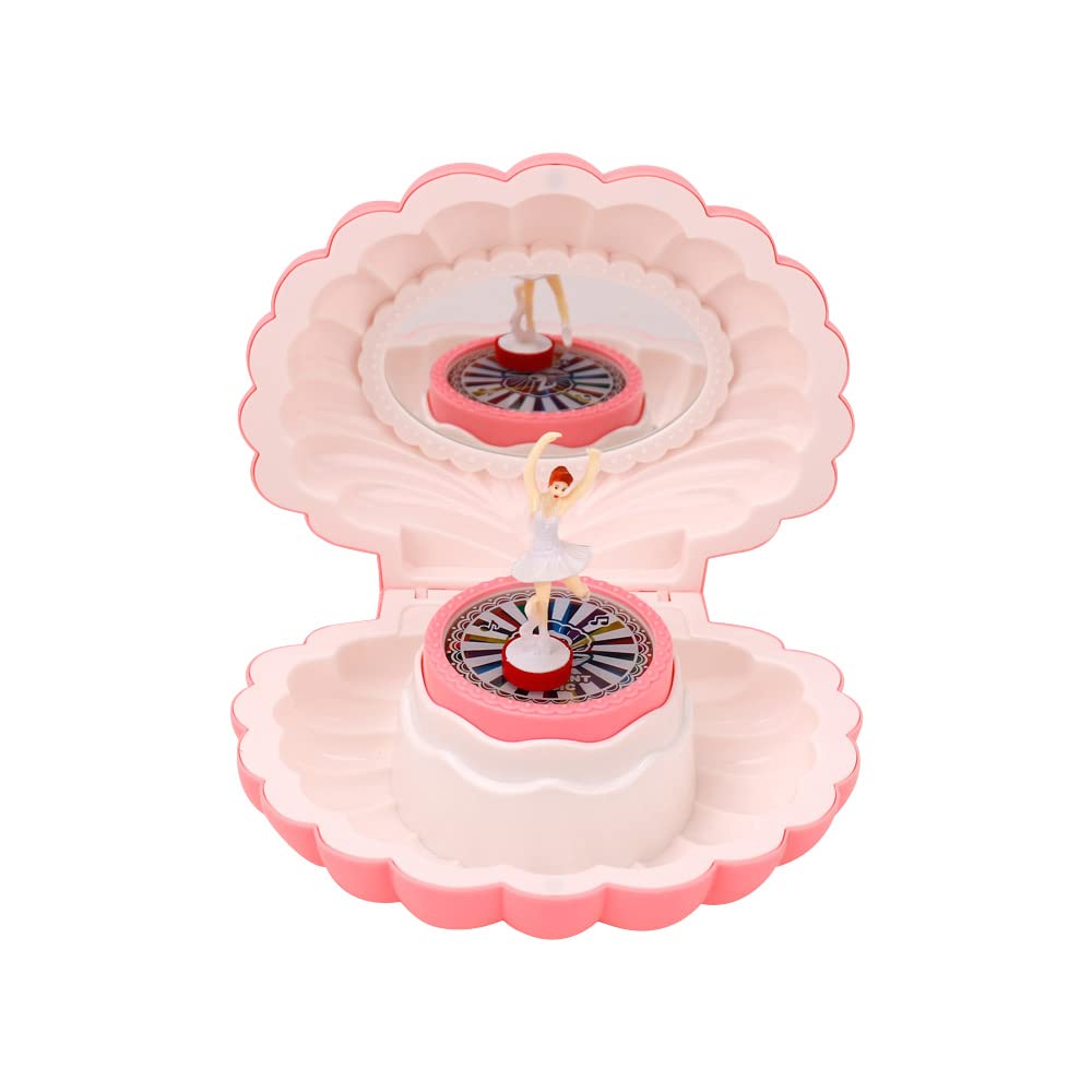 Seashell Shaped Musical Jewelry Box with Ballerina & LED Lights - Rotating Mirror Jewelry Organizer for Women, Girls, Teens (Dark Pink) - Perfect for Bedroom Decor, Gift Giving & Jewelry Storage