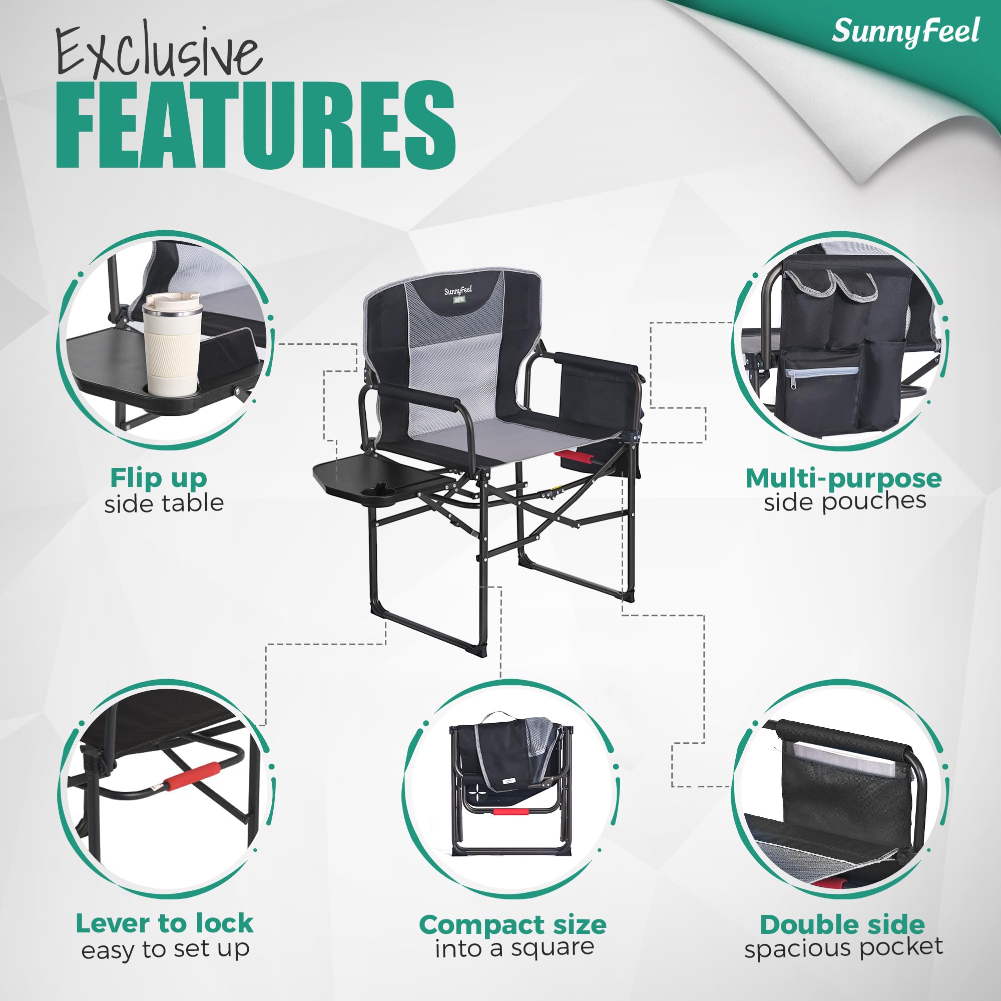 **SUNNYFEEL Oversized Heavy Duty Camping Chair – 500 LB Capacity, Portable Folding Director's Chair with Side Table & Storage Pocket – Perfect for Beach, Fishing, Picnic, Lawn, Concert & Outdoor Adventures**