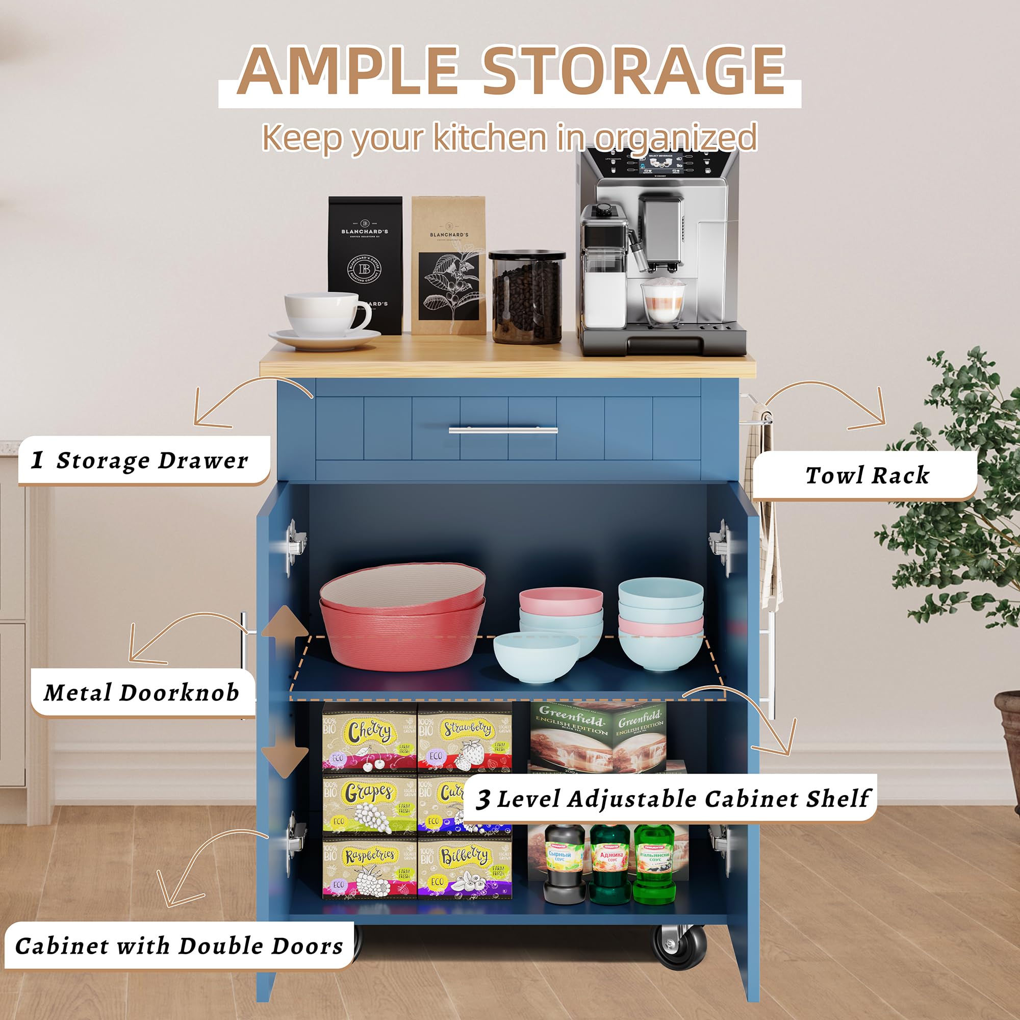 Shintenchi Blue Kitchen Island Cart with Storage - Rolling Side Table on Wheels, Large Worktop, Cabinet, Towel Rack & Drawers for Kitchen, Dining Room, Small Spaces & Apartments