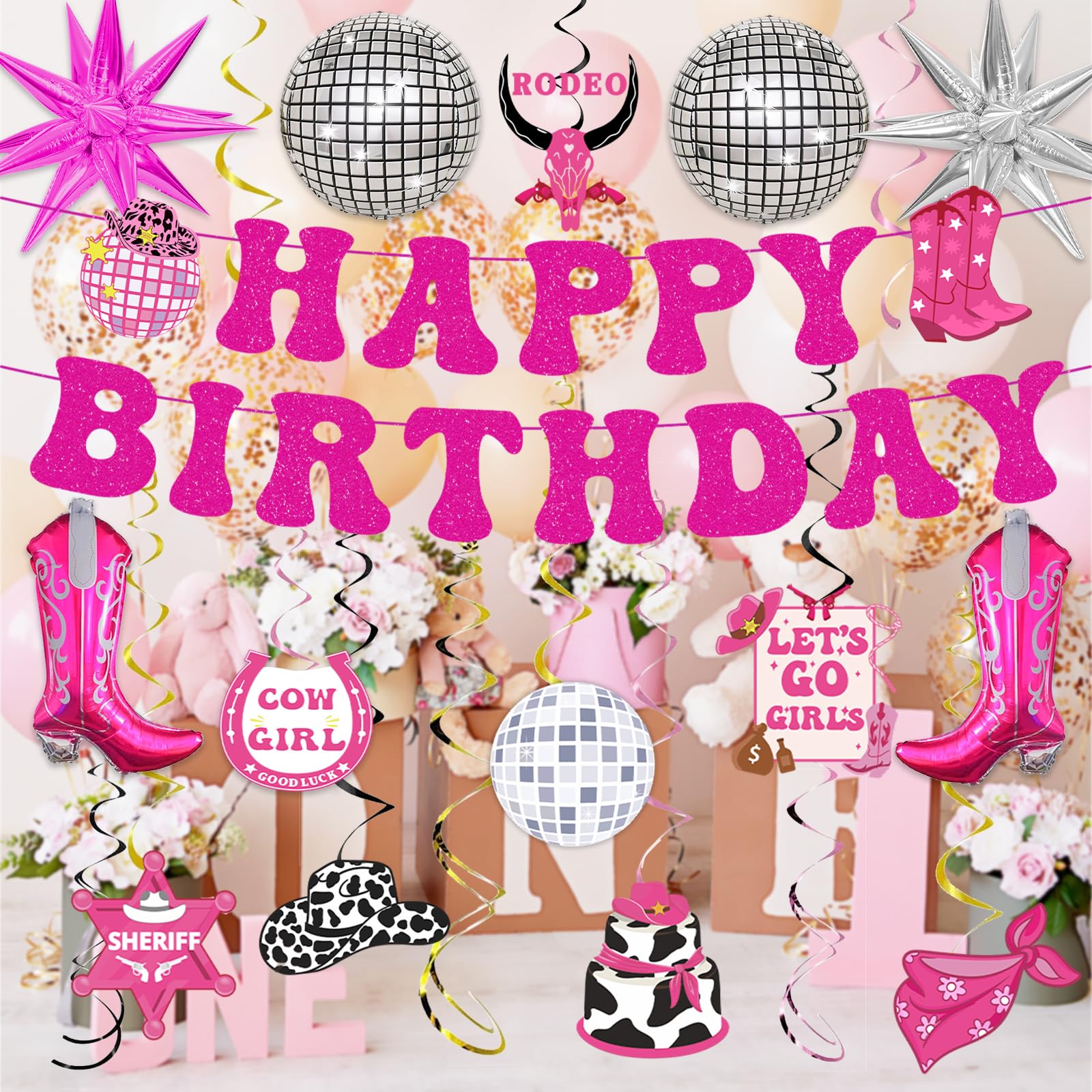 32-Piece Disco Cowgirl Birthday Party Decorations Set - Western Theme Hot Pink Happy Birthday Banner, Balloons & Bachelorette Party Supplies for Women & Girls | Perfect for Last Rodeo, Cowgirl-Themed Parties & Wild West Celebrations