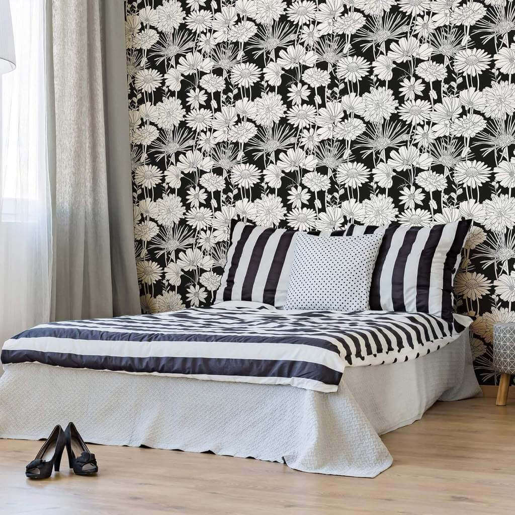 White and Black Hand Drawn Floral Peel and Stick Removable Wallpaper - Self-Adhesive Decorative Wall Covering for Bedroom, Living Room, Nursery, and Home Office Decor
