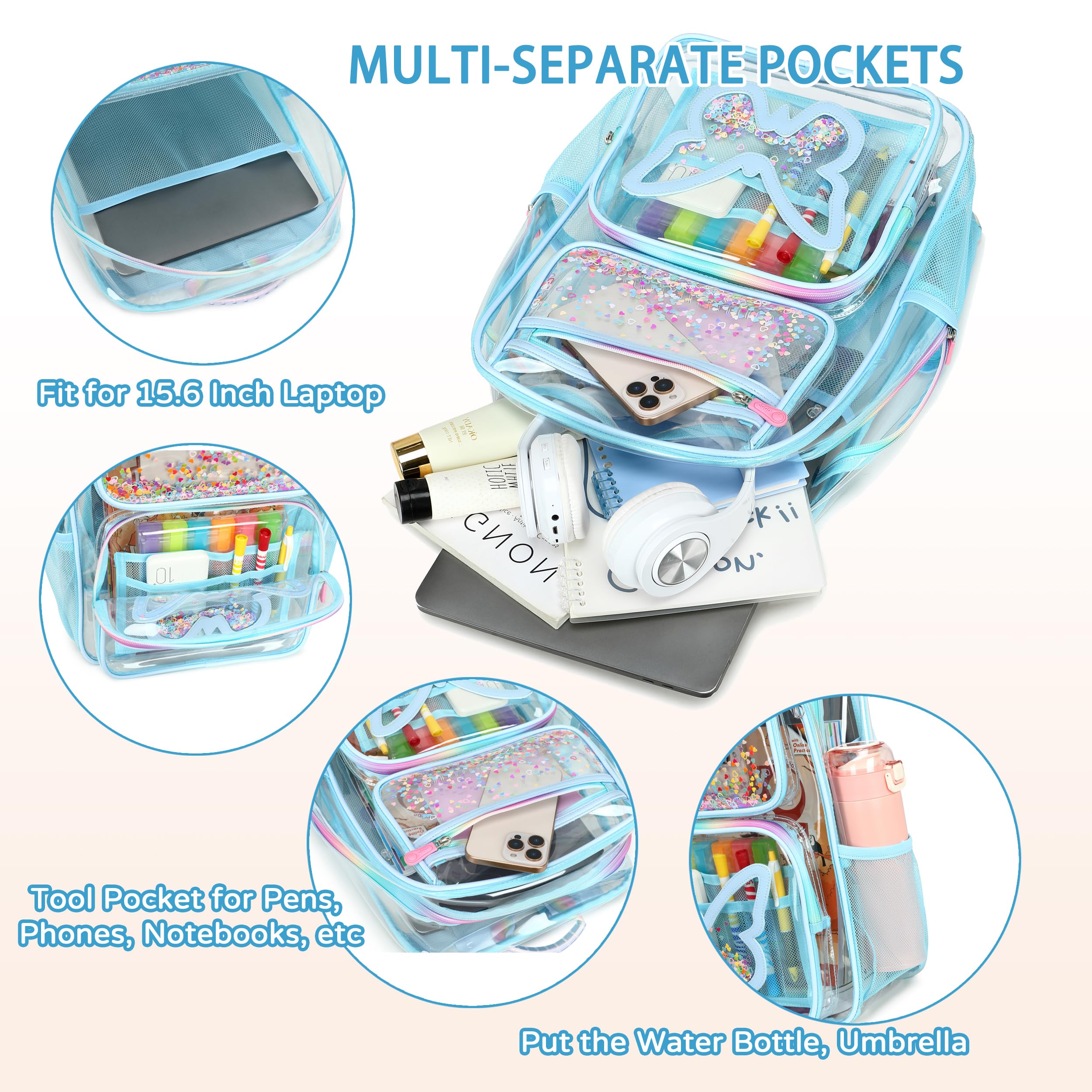 Clear Backpack for School & Travel - Large Heavy Duty See-Through Bookbag with Butterfly Design | Stadium Approved Transparent Backpack for Women, Teens & Students | Perfect for Work, Concerts & Daily Use (Blue)