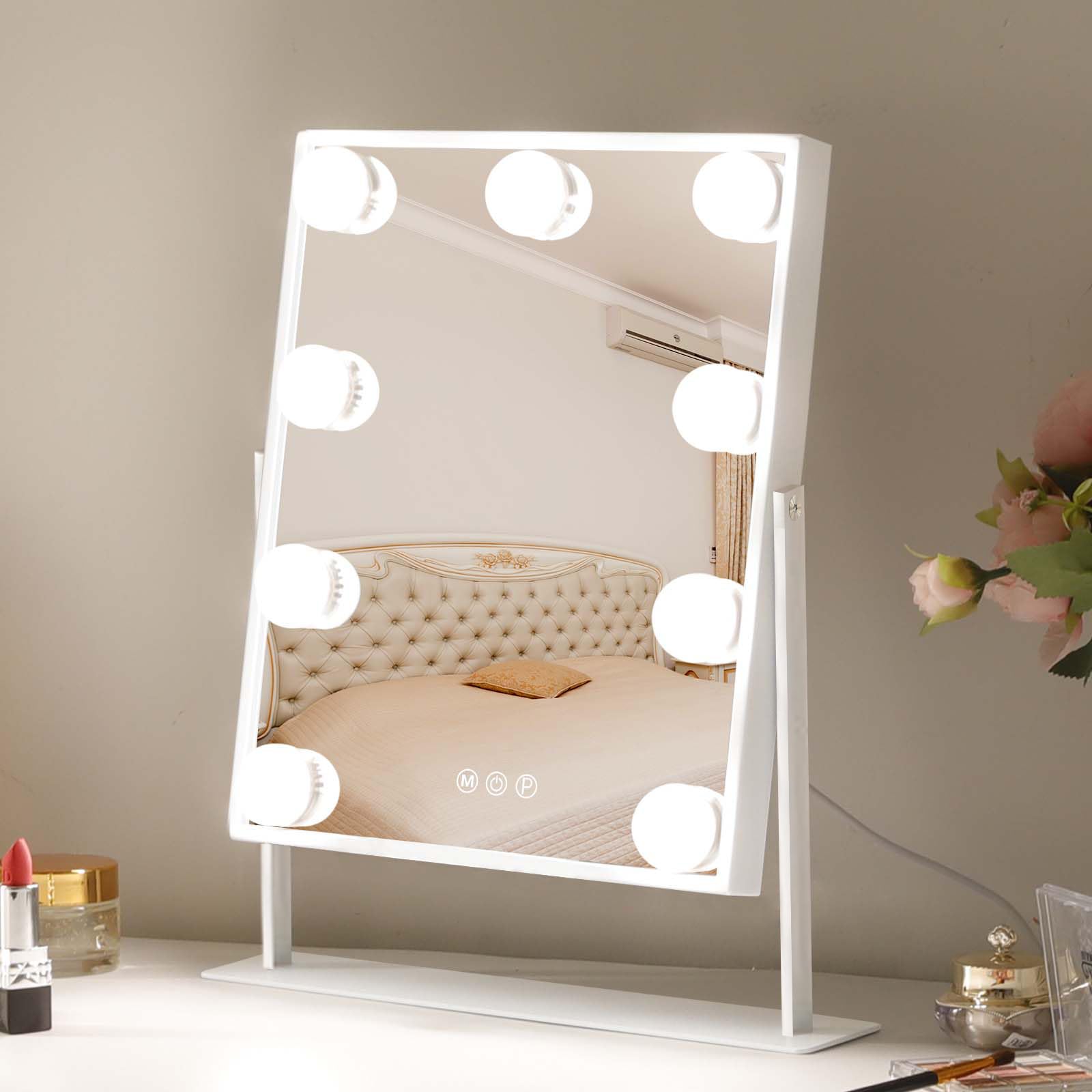 Hollywood Vanity Mirror with Lights - 9 Dimmable LED Bulbs, 3 Color Lighting Modes, Detachable 10X Magnifying Mirror & 360° Rotation - Perfect for Makeup, Skincare & Hair Styling (White)