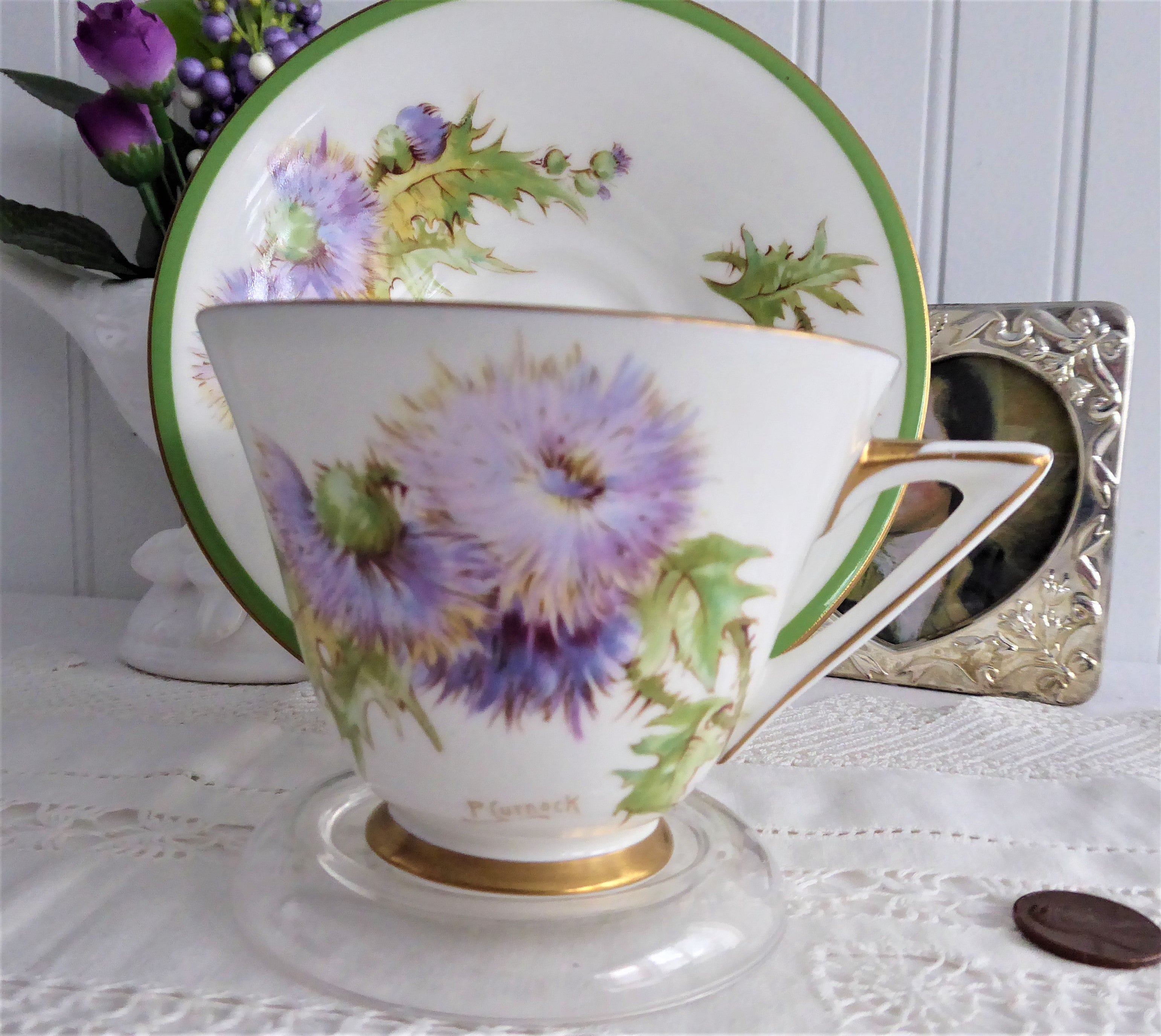 Vintage Royal Doulton Glamis Thistle Cup and Saucer Set - Hand-Painted 1930s Collectible Tea Cup with Queen Mum Association | Perfect for Afternoon Tea, Royal Memorabilia Collections & British Antique Displays