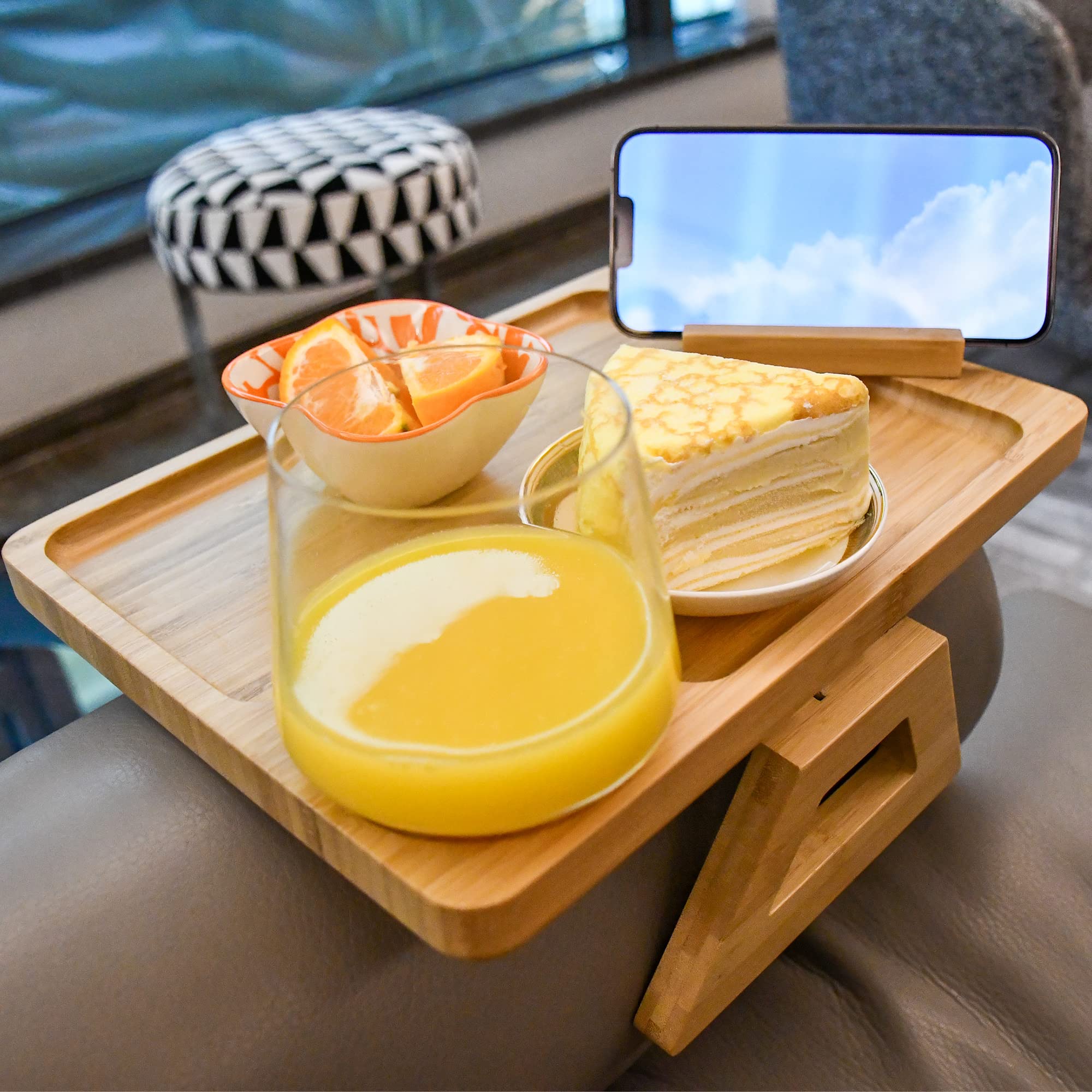 360° Rotating Bamboo Sofa Arm Tray with Phone Holder - Clip-On Couch Side Table for Wide Couches, Perfect for Eating, Working, Watching TV - Great Gift for Mom, Dad & Friends