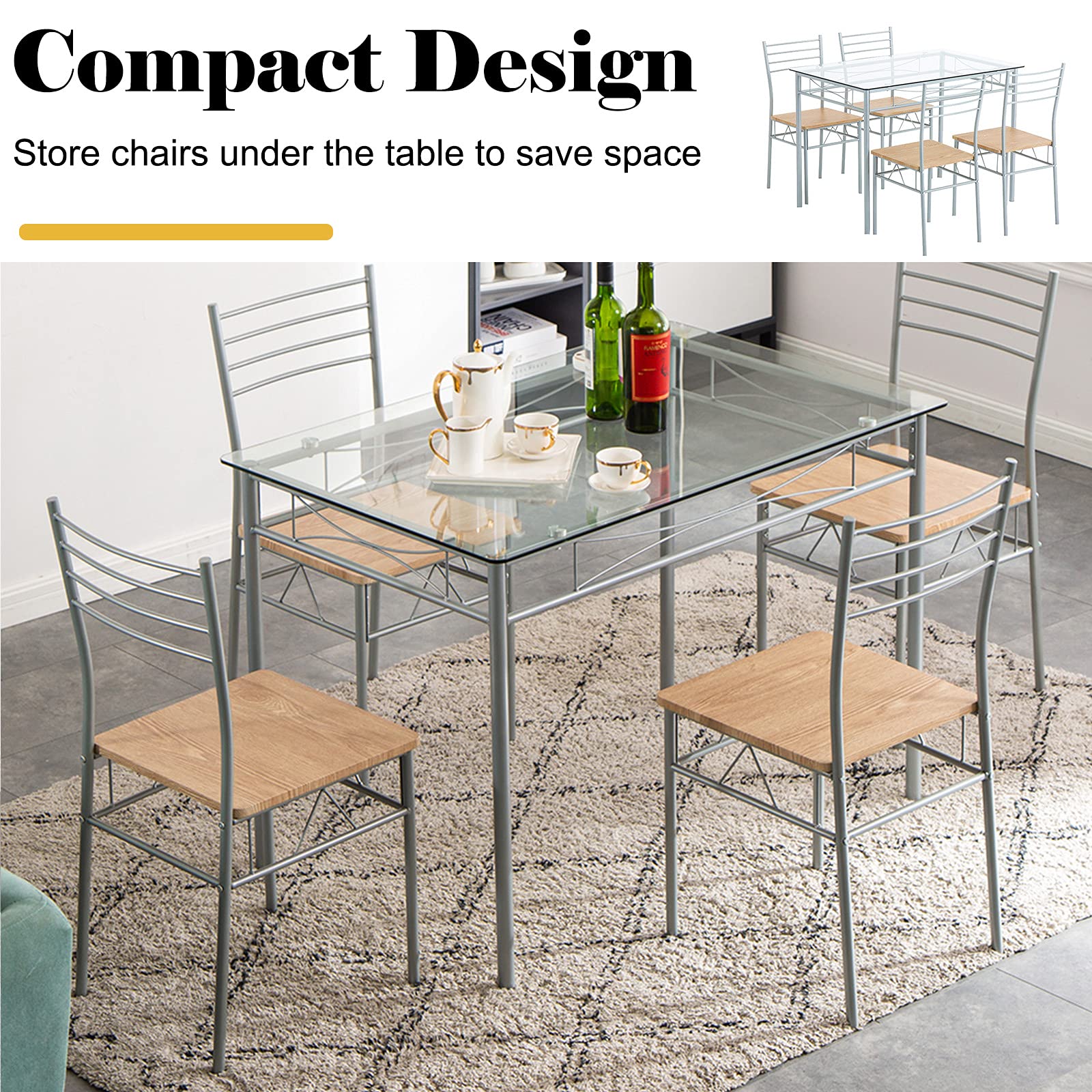 5-Piece Modern Dining Table Set with Tempered Glass Top & Chairs - Silver Kitchen Furniture for Home & Restaurant Use