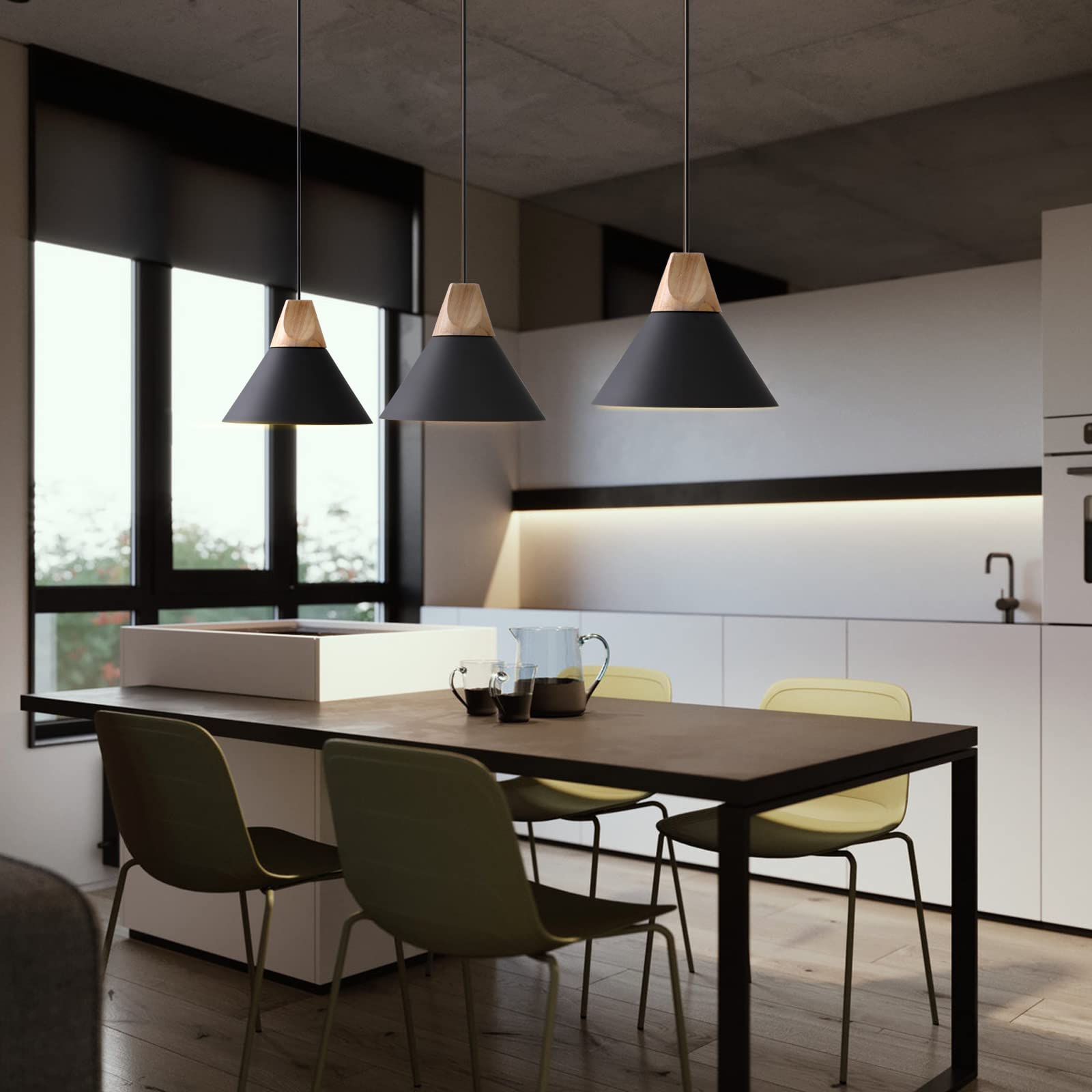 Modern Matte Black Pendant Light - Solid Wood Ceiling Hanging Lamp for Kitchen Island, Dining Room & Coffee Bar (3-Pack) - Perfect for Farmhouse, Industrial & Contemporary Home Decor