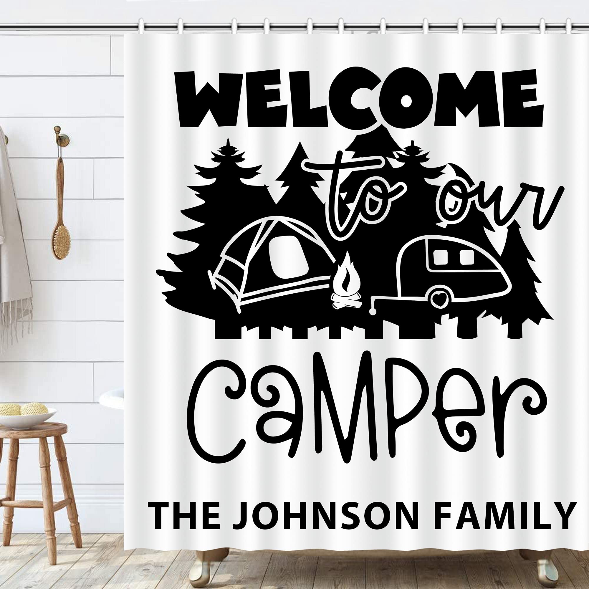 Custom RV Shower Curtain with Name - Happy Camper Decor for Travel Trailers | Perfect for Family Camping Trips