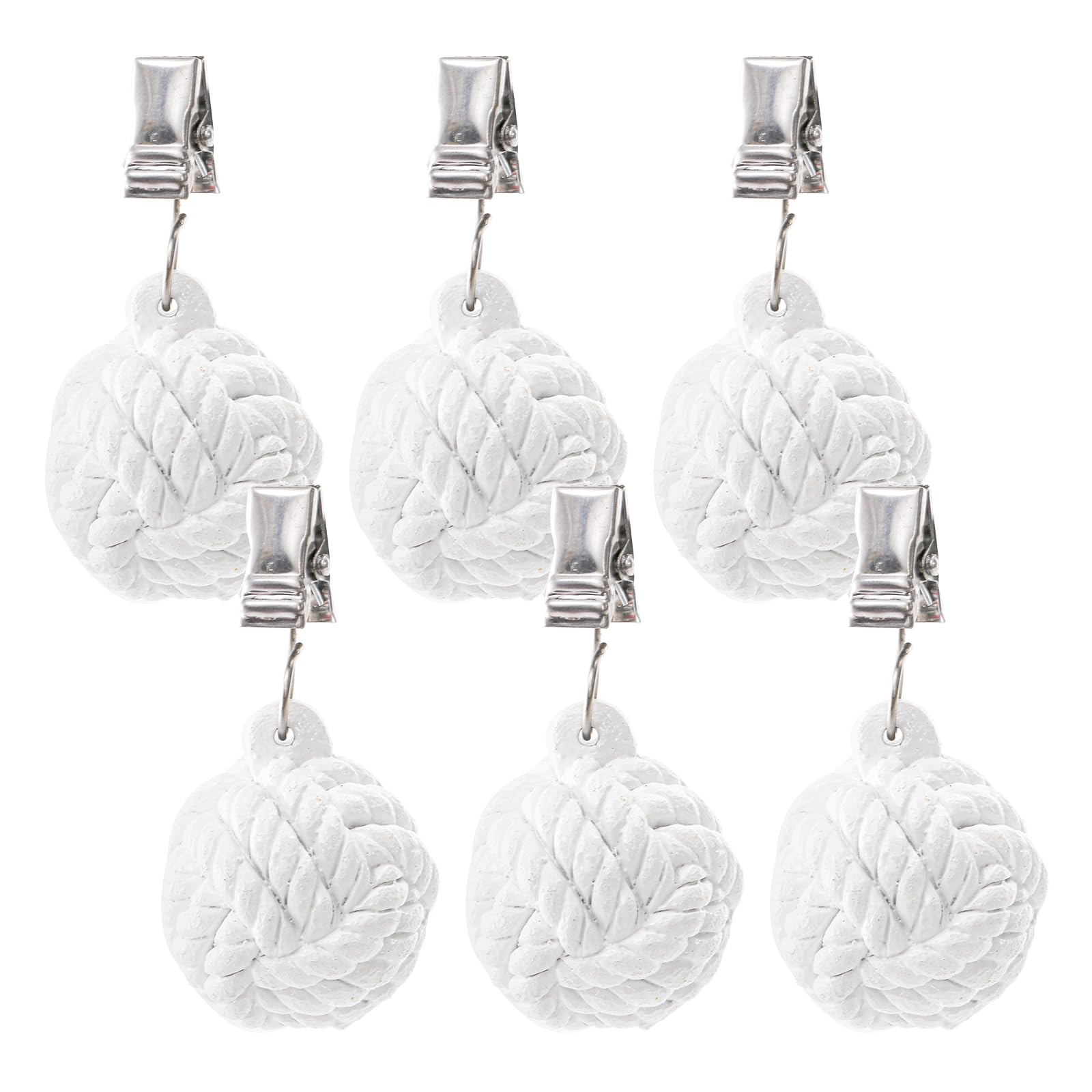 AVLA 6 Pack Tablecloth Weights - Heavy Duty Cloth Weights with Metal Clips & Resin Round Ball Hangers - Decorative Table Cover Clamps for Outdoor Picnics, Family Dinners, and Party Decorations (White)