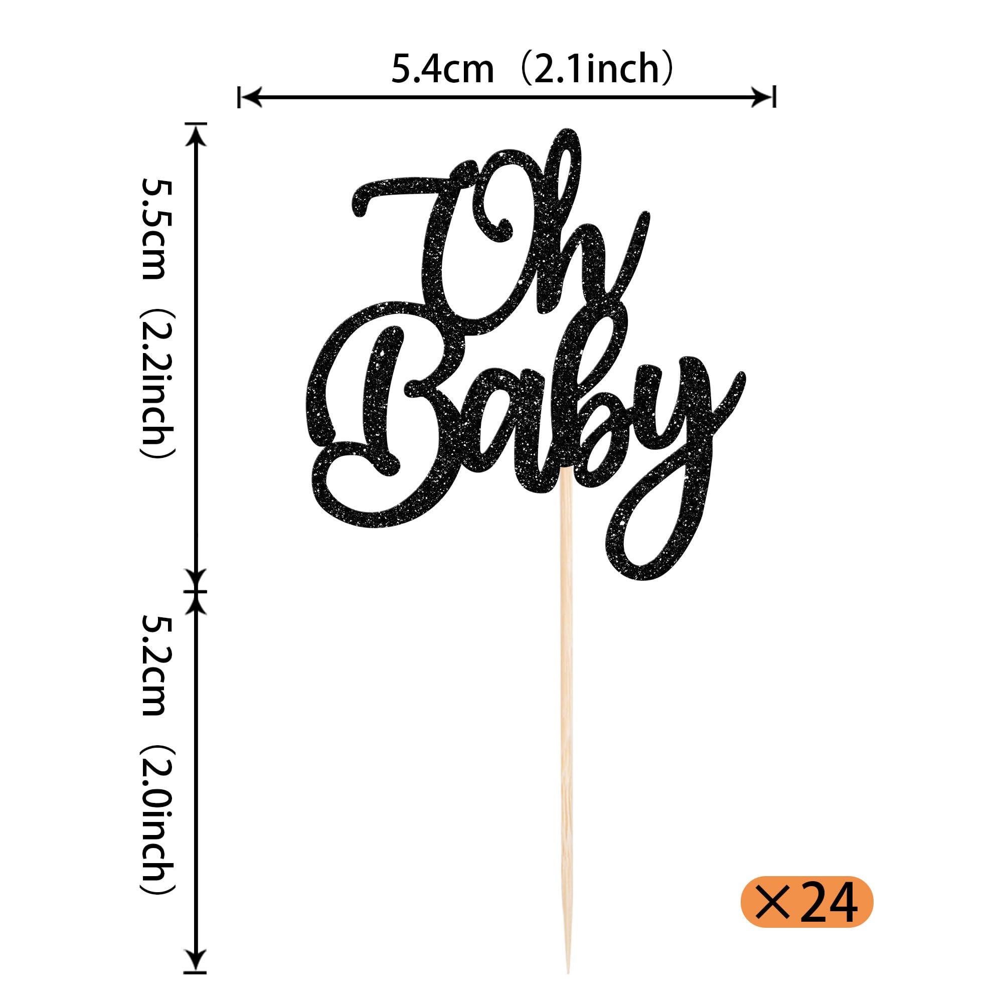 24 Pack Oh Baby Glitter Cupcake Toppers - Baby Shower, Baptism & Birthday Party Cake Decorations for Boys & Girls - Food Safe Toothpicks - Perfect for Gender Reveal, 1st Birthday & Nursery Themed Celebrations