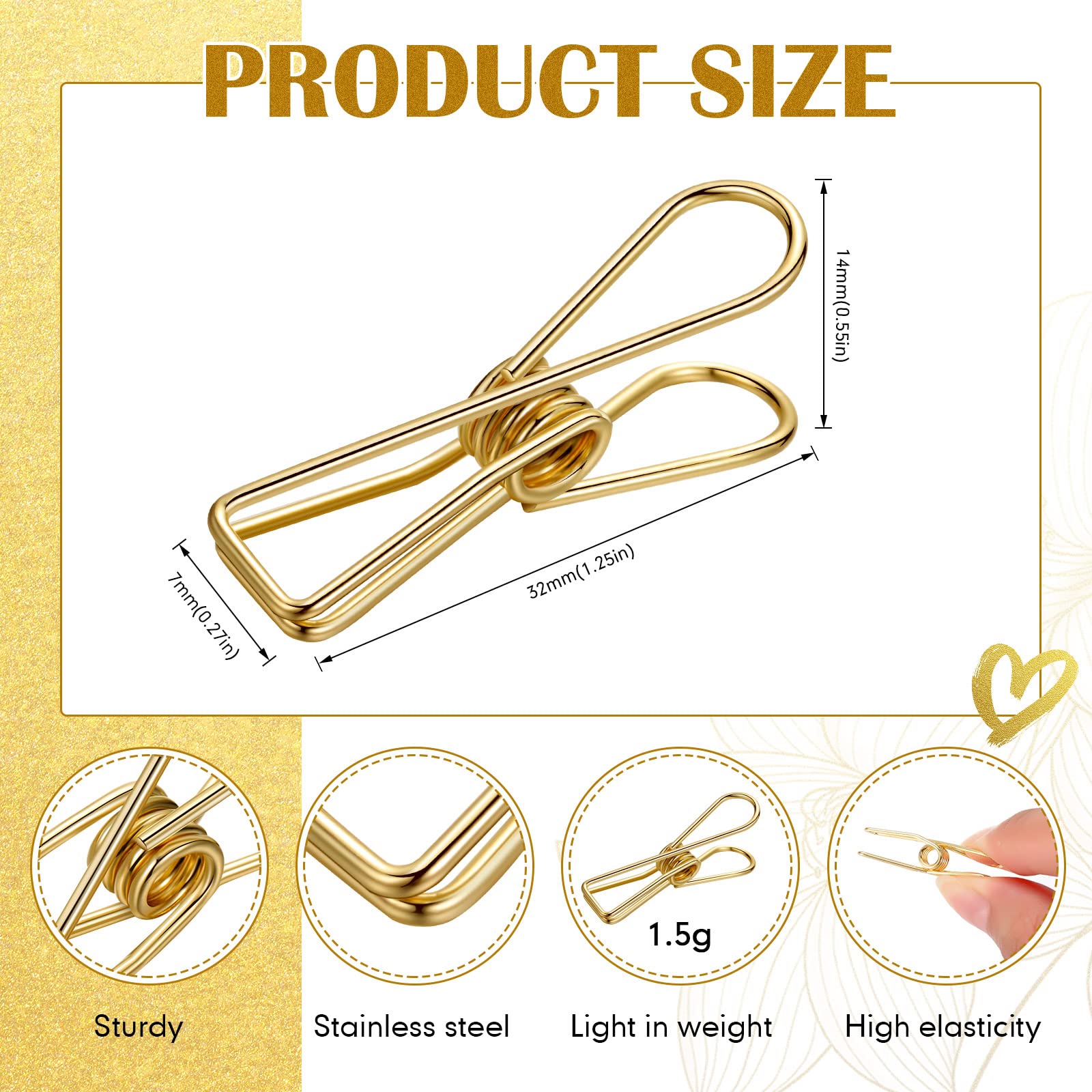 100 Pcs Gold Small Metal Wire Hollow Out Paper Clips - Multipurpose Stainless Steel Utility Clips for School, Office, Kitchen & Outdoor Use - Perfect for Organizing Documents, Bills, Clothes & More