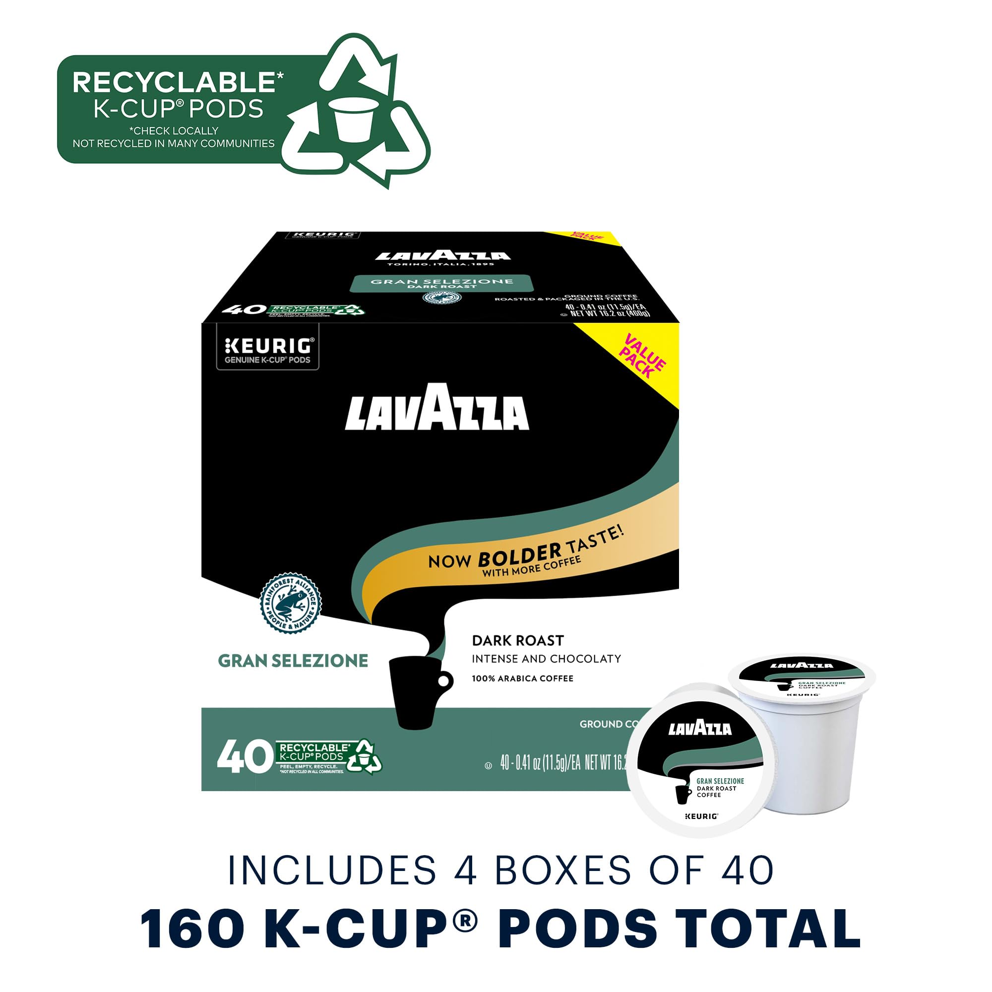Lavazza Gran Selezione Single-Serve Coffee K-Cups for Keurig Brewer - 160 Count, 100% Arabica, Rainforest Alliance Certified, Authentic Italian Coffee Pods - Perfect for Home, Office & Gifts