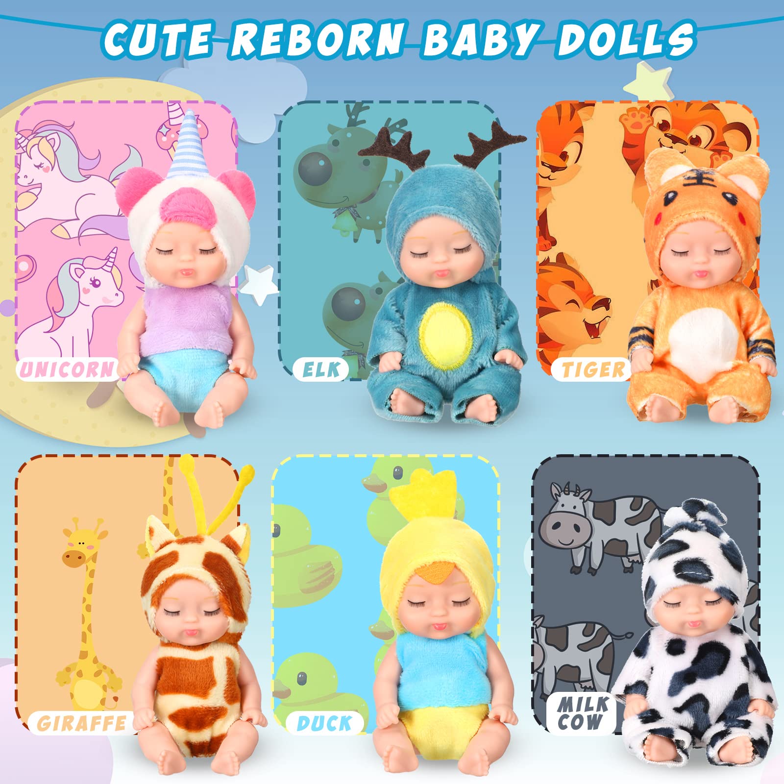 Leitee 6-Pack 4 Inch Mini Realistic Baby Dolls with Animal Outfits - Cute Small Lifelike Baby Dolls for Toddlers, Kids Birthday & Baby Shower Gifts | Perfect for Pretend Play, Collecting & Party Favors