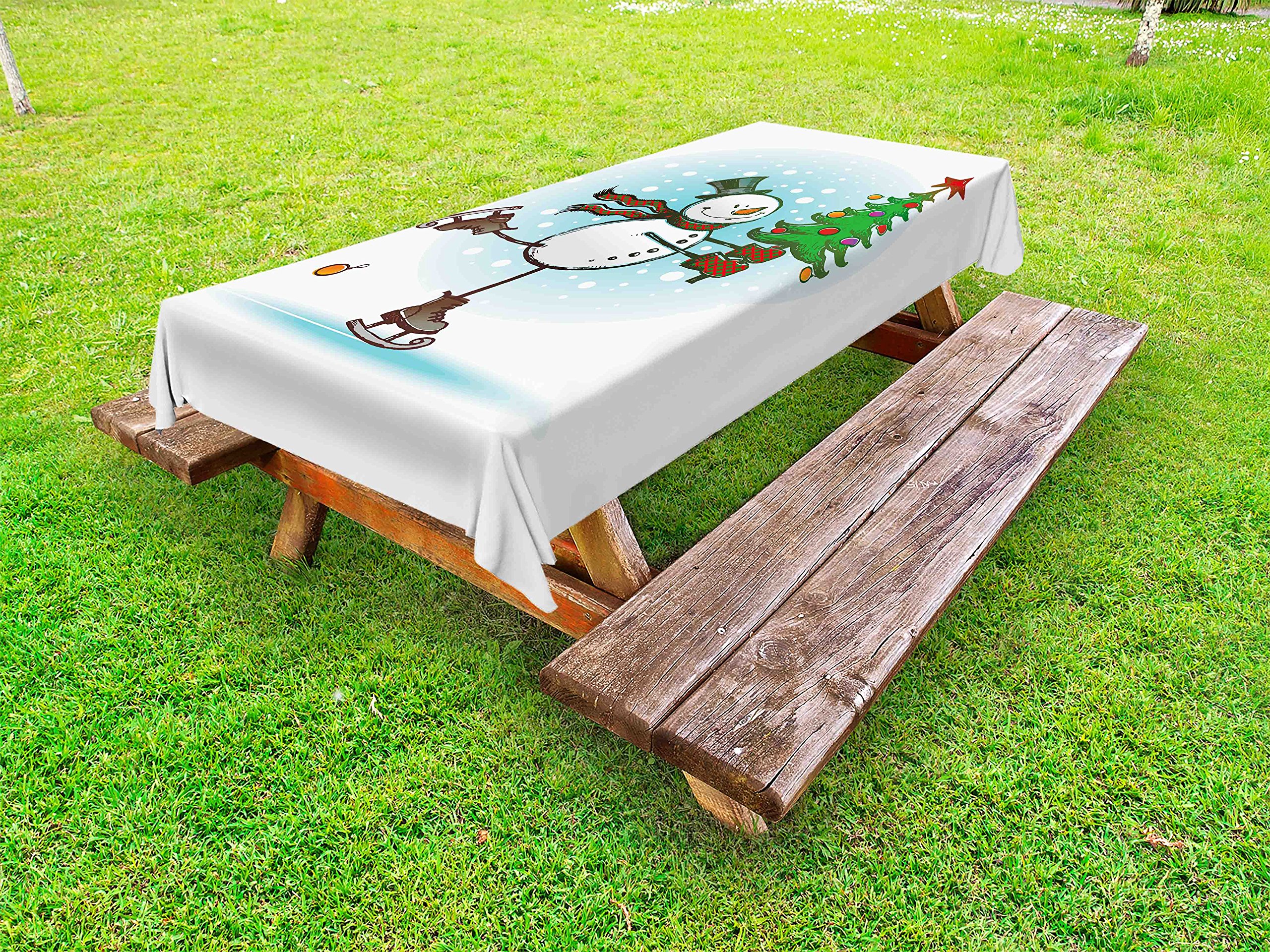 Ambesonne Snowman Outdoor Tablecloth - Hand Drawn Winter Snowman with Christmas Tree Design, Waterproof Washable Picnic Table Cover 58x120 Inches - Perfect for Christmas Decorations, Holiday Parties & Outdoor Dining