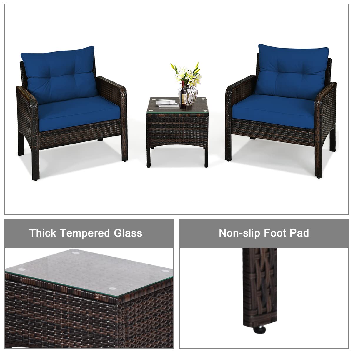 HappyGrill 3-Piece Patio Conversation Set - Outdoor Rattan Wicker Furniture with Coffee Table & Chairs, Waterproof Seat Cushions - Perfect for Garden, Balcony, Backyard, Poolside & Outdoor Entertaining