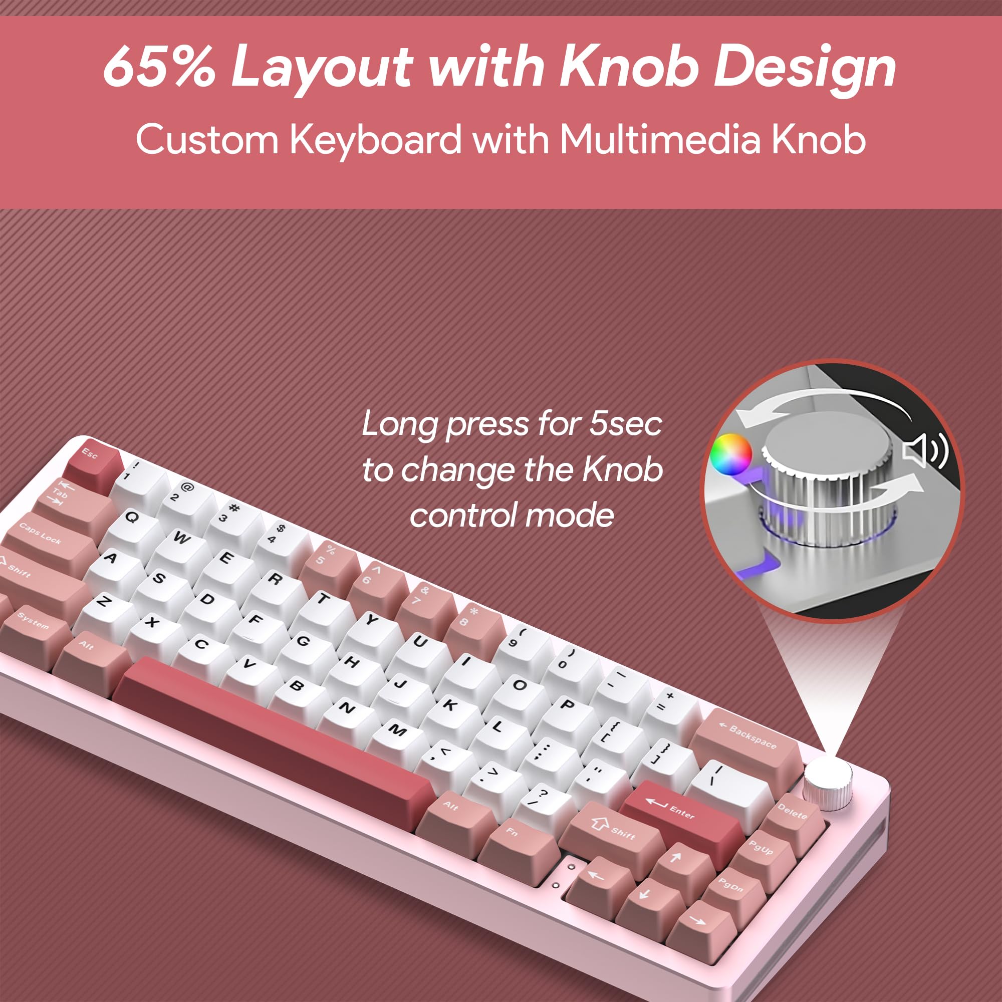 EMB Nabi Series NB1 65% Wireless Mechanical Gaming Keyboard - 66 Keys, CNC Aluminum Frame, RGB Backlit, Hot-Swappable Switches, 4600mAh Battery, Milk Linear Switches (Silver/Pink) - Wired/Bluetooth/2.4G Connectivity for PC, Mac, PS5, Xbox Gaming & Office Work