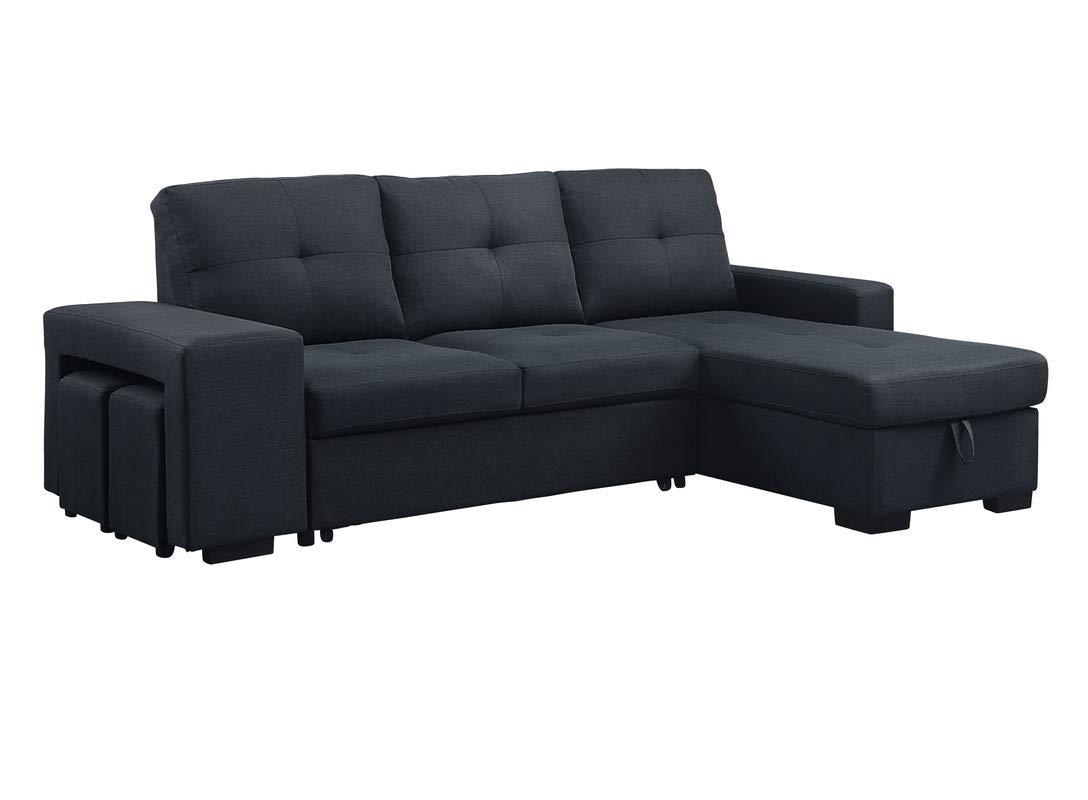Lilola Home Lucas Dark Gray Linen Sleeper Sectional Sofa with Reversible Storage Chaise - Modern Convertible Couch for Small Spaces, Guest Room & Apartment Living