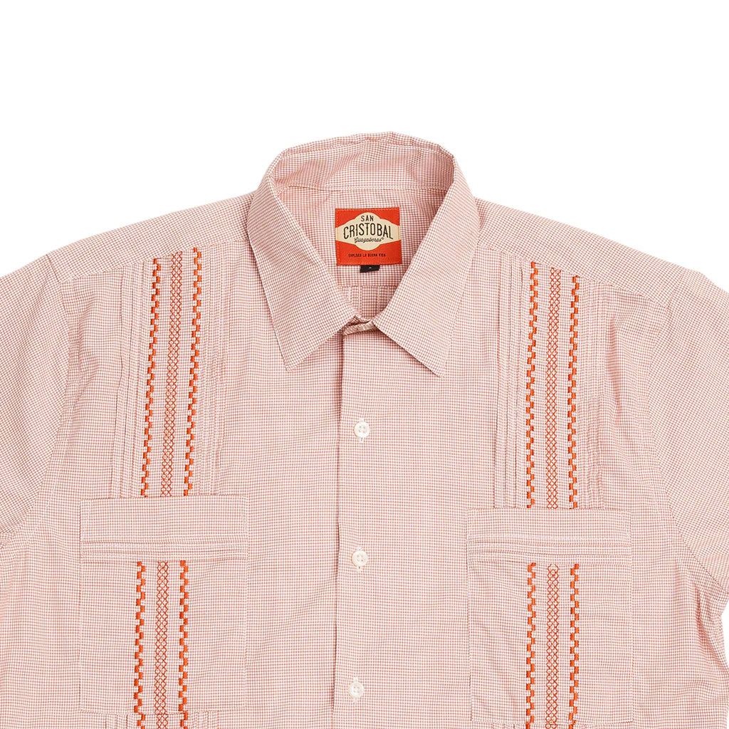 San Cristobal Orange Check Short Sleeve Guayabera Shirt for Men - Perfect for Summer, Beach, and Casual Wear