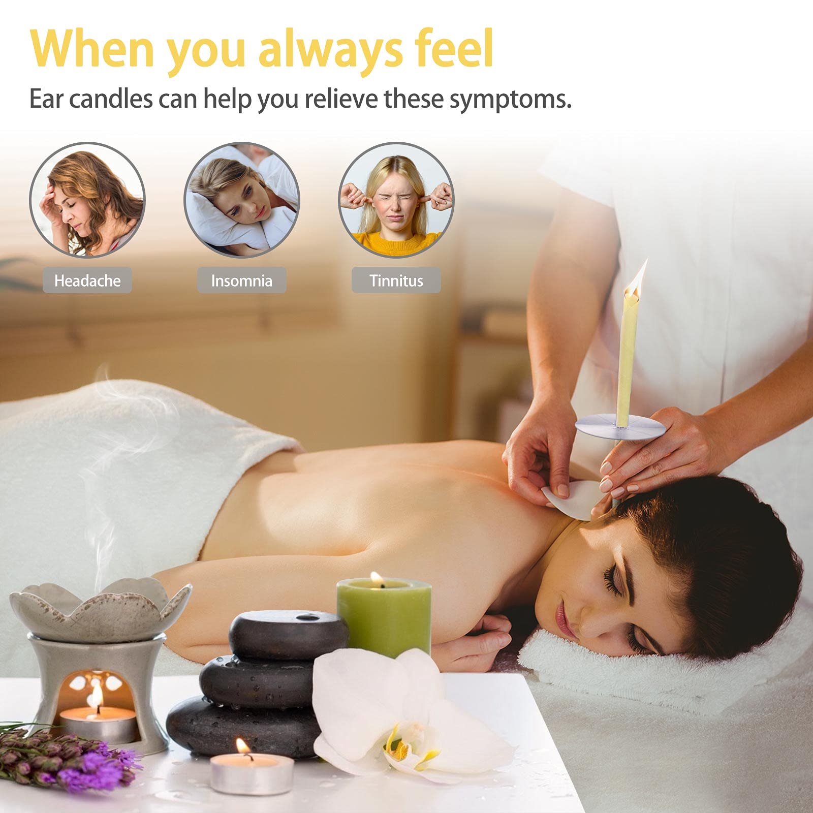 Natural Hopi Ear Candles for Ear Blocked - Beeswax Cones with 8 Disks for Relaxation & Cleansing