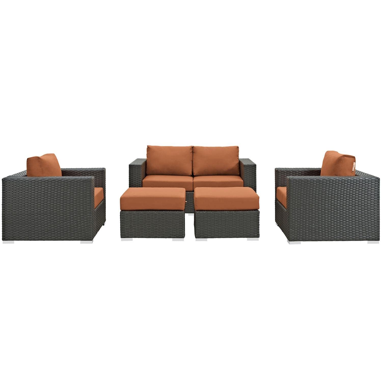 Modway Sojourn 5-Piece Wicker Rattan Outdoor Patio Sectional Set with Sunbrella Cushions in Canvas Tuscan - Perfect for Backyard, Poolside & Garden Relaxation