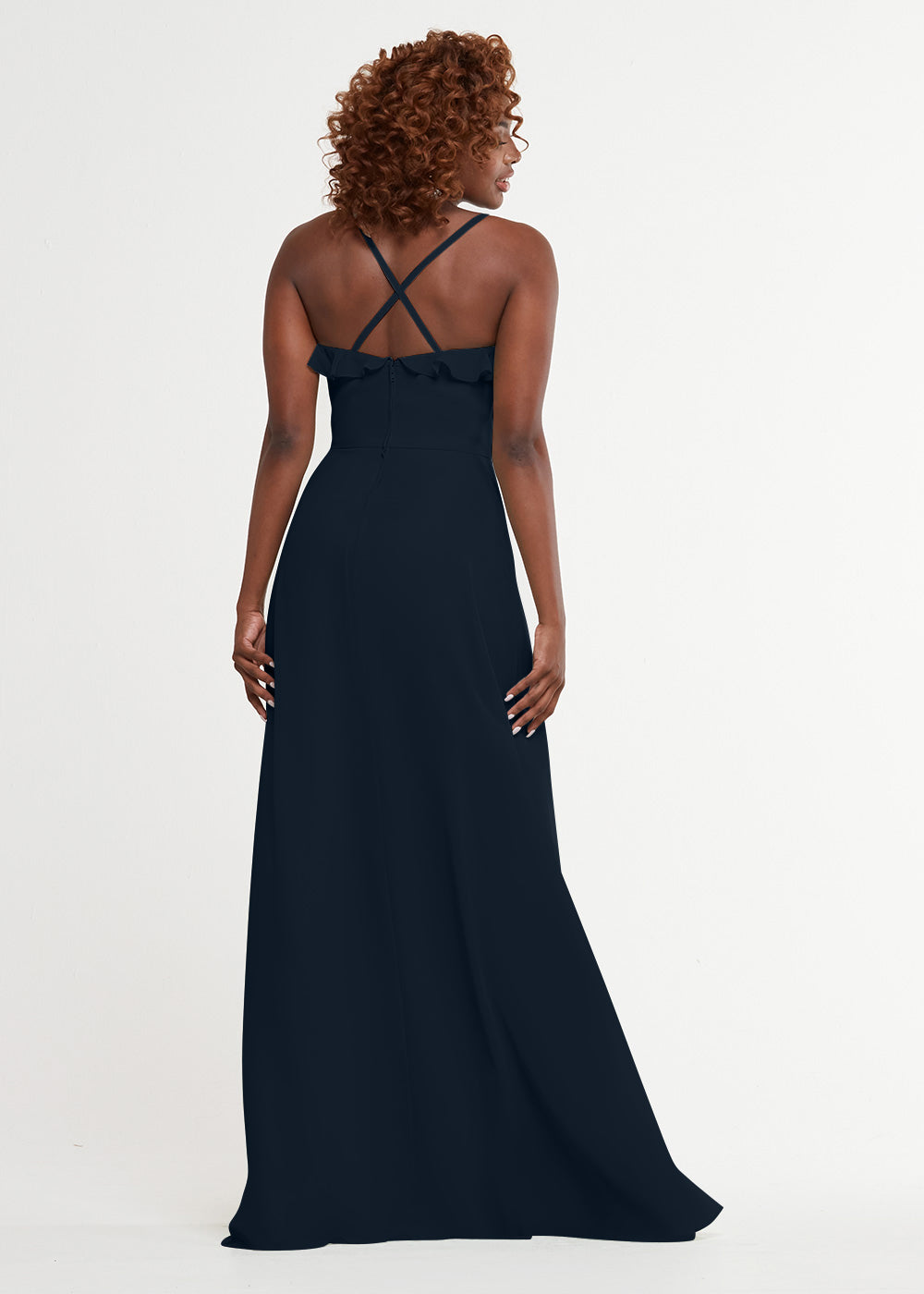 Elegant 80174 Chiffon A-Line Bridesmaid Dress with Ruffles & High Slit - Perfect for Weddings, Formal Events & Prom - Plus Size Options Available