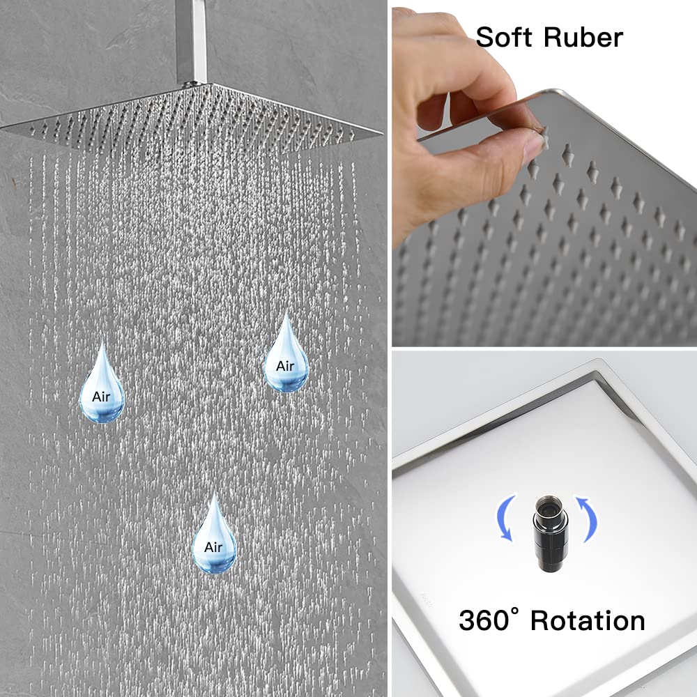 BWE 16 Inch Ceiling Mounted Luxury Shower System - Chrome Rainfall Shower Head with Handheld Spray, Modern Bathroom Mixer Combo Set (Includes Rough-in Valve Body & Trim) - Perfect for Spa-Like Showers and Contemporary Bathroom Upgrades