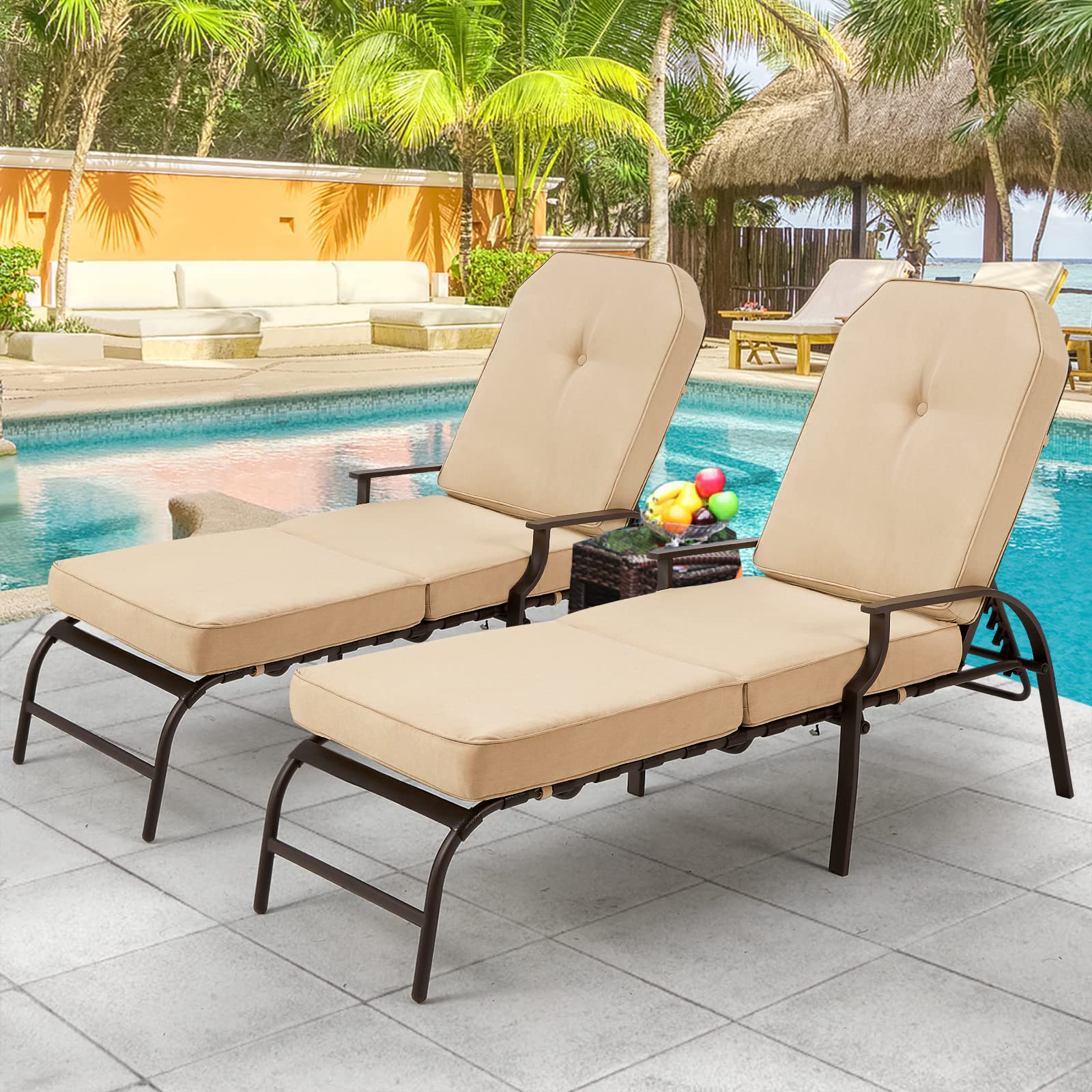 U-MAX Adjustable Outdoor Chaise Lounge Chair Set of 2 - Patio Recliner with Armrest & Cushion for Poolside, Backyard, Deck - Weather-Resistant Beige Outdoor Furniture for Relaxing & Sunbathing