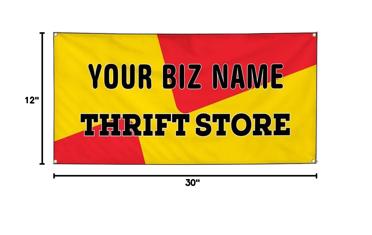 Custom Industrial Vinyl Banner for Business & Thrift Stores - 12x30 Inches (Red & Yellow) | Durable Outdoor Advertising Sign for Storefronts, Sales & Events