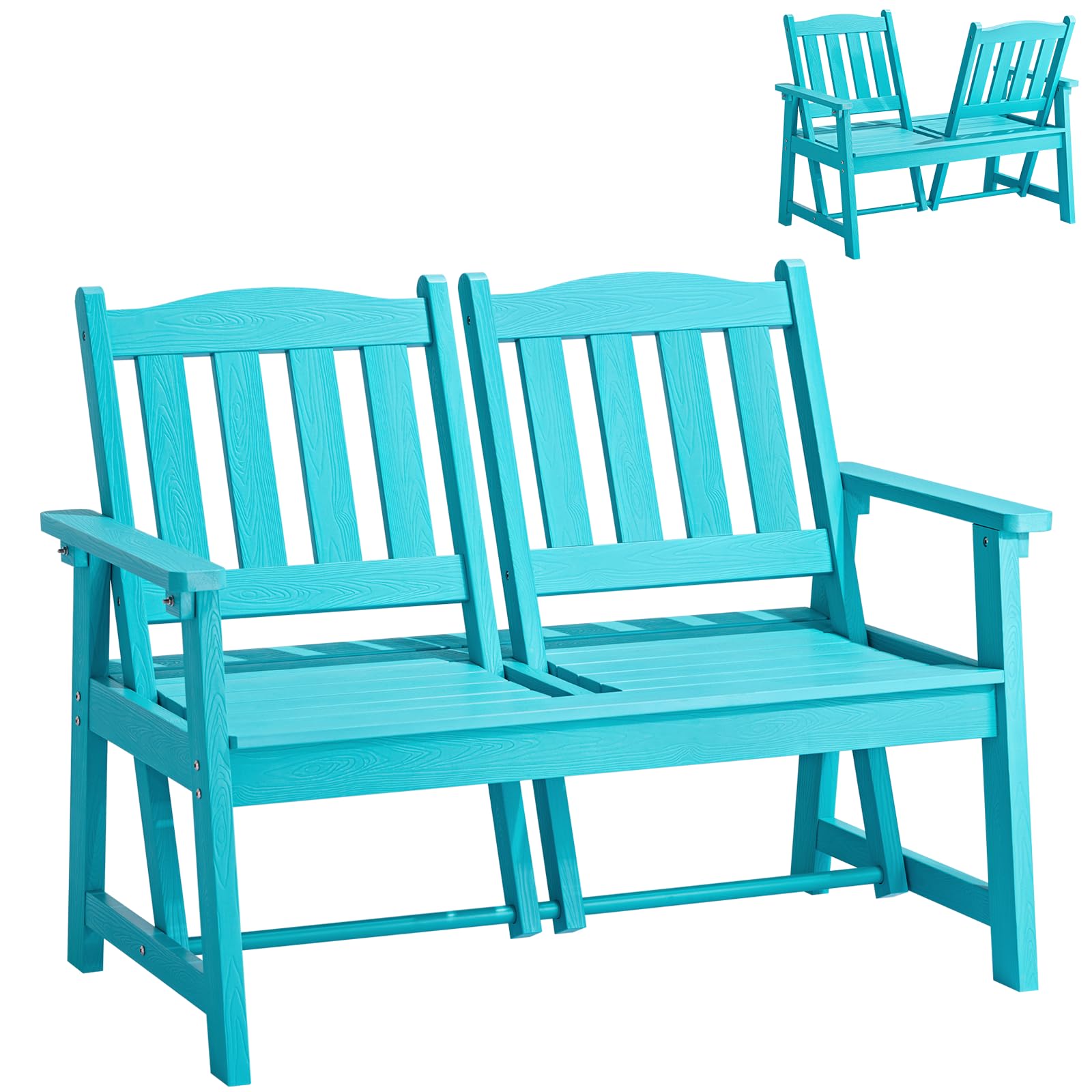 2-Person Weatherproof Outdoor Bench with Adjustable Backrest - All-Weather Patio Garden Bench for Porch, Backyard & Park - Rust-Resistant, Fade-Proof & Easy Assembly (Blue) - Perfect for Relaxing in Gardens, Decks or Outdoor Spaces