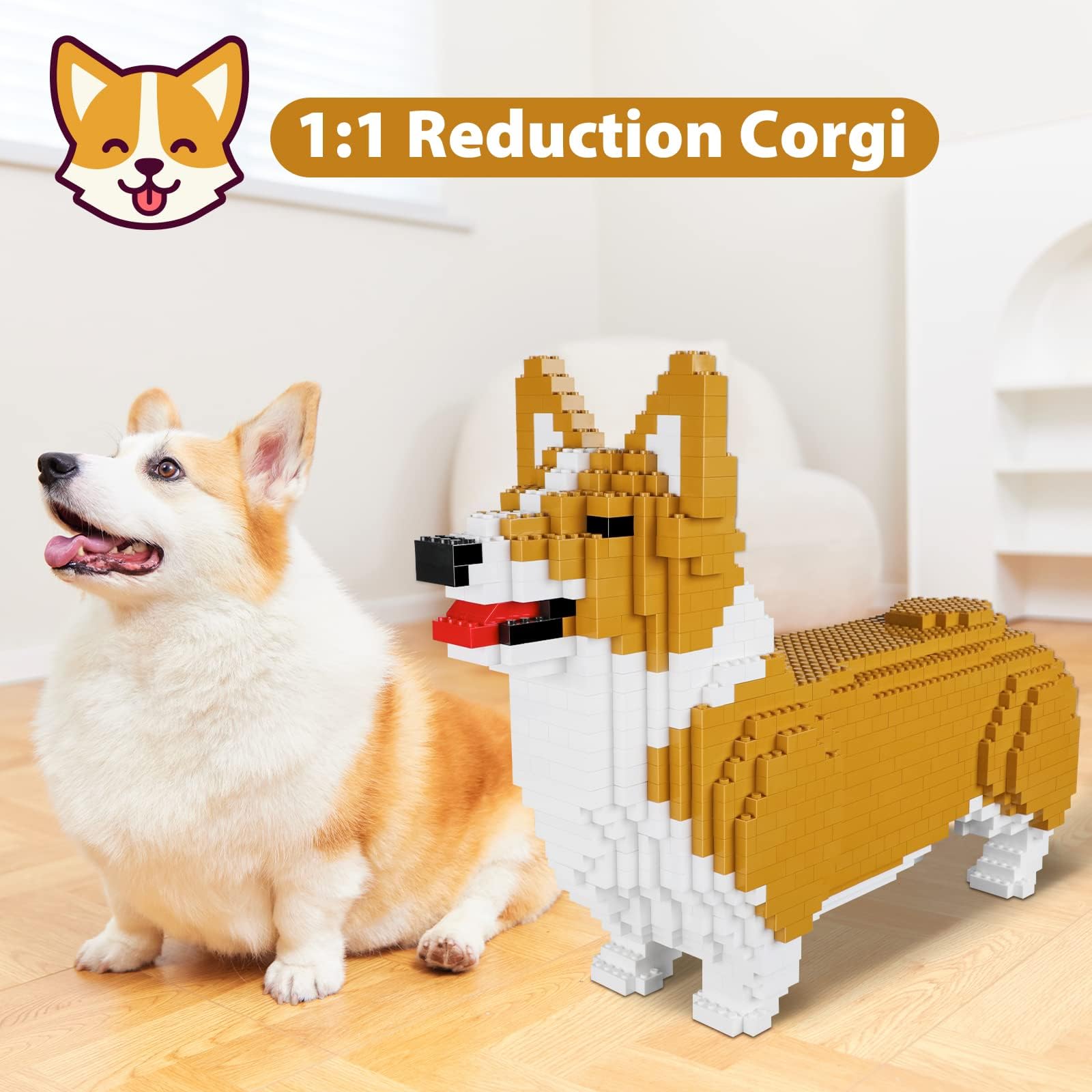 **1520PCS DIY 3D Dog Building Blocks Set - 1:1 Life-Size Corgi Model, Animal Block Toy for Kids & Adults | Creative Gift for Pet Lovers, Home Decor & Educational STEM Play**