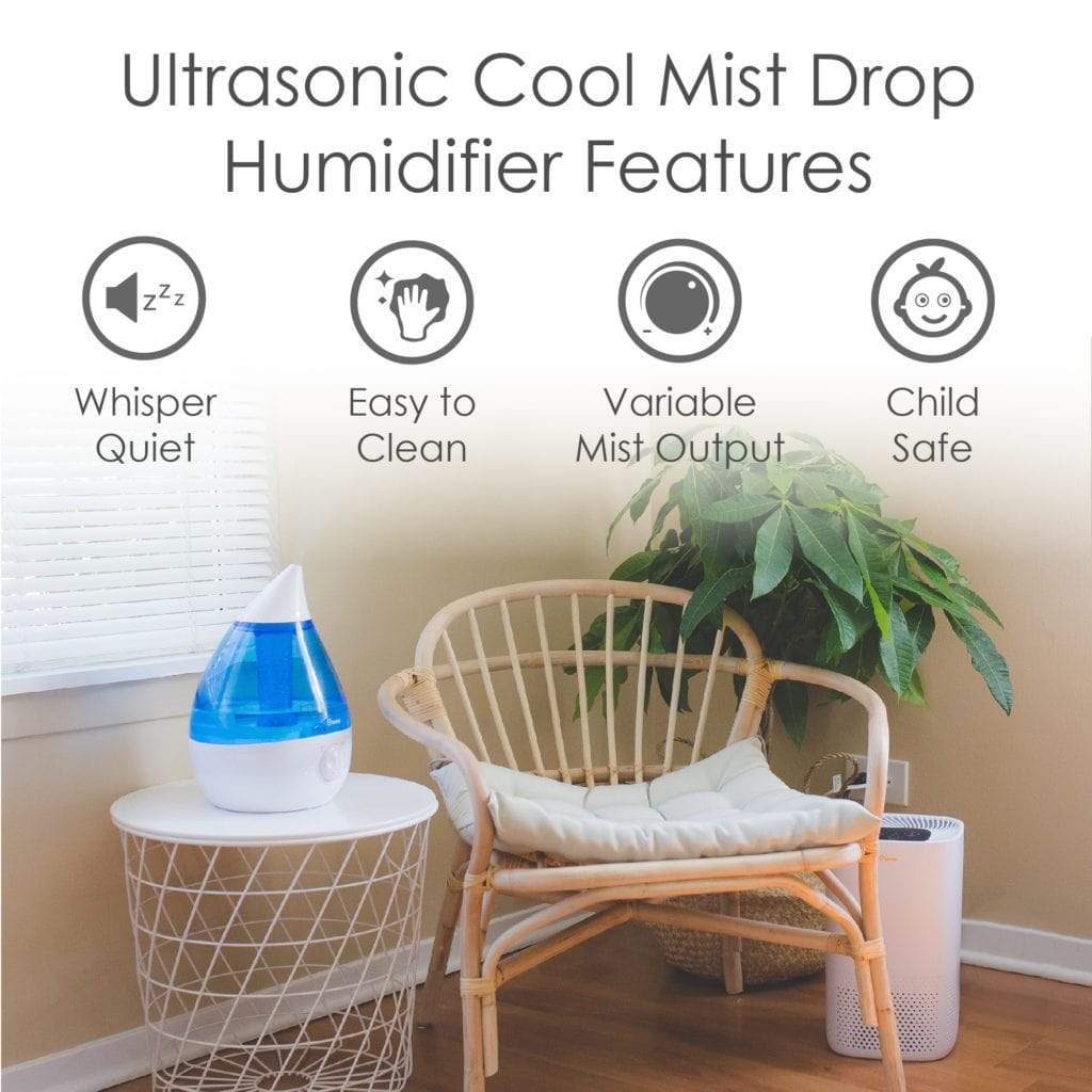 Crane Drop Cool Mist Humidifier - Ultrasonic Quiet Air Humidifier for Bedroom, Nursery & Office - Relieves Dry Air, Allergies & Congestion - Perfect for Home, Baby Room & Workspace