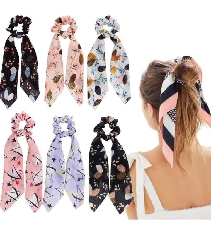 JAGMOOLYA 6-Pack Printed Hair Scrunchies - Satin & Chiffon Elastic Hair Ties for Women & Girls - Ponytail Holders, Hair Bands & Ribbon Scrunchies (Assorted Colors) - Perfect for School, Work, Parties & Everyday Use