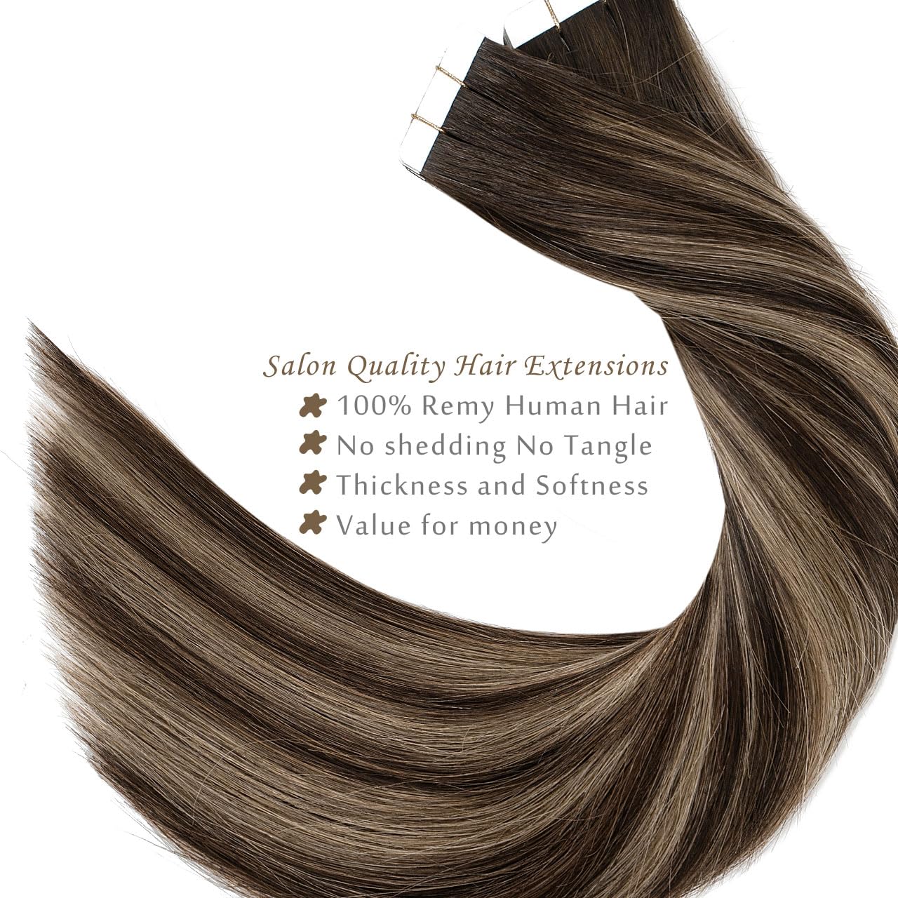 Luxury 22inch 100G 40Pcs Remy Human Hair Extensions - Natural Straight Seamless Tape-In Extensions for Thin Hair (Rooted Dark Brown to Chestnut Brown Highlights) | Perfect for Volume Boost, Styling & Special Occasions