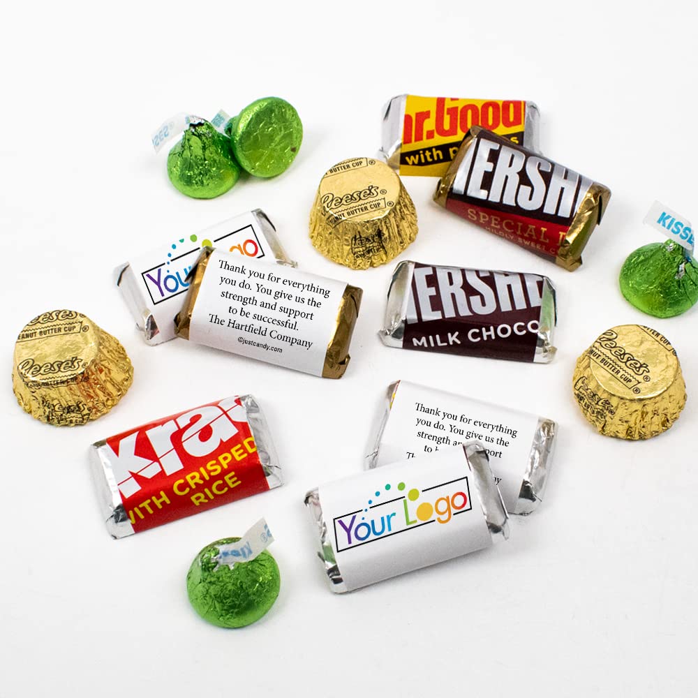 190 Pcs Bulk Custom Candy for Promotional Events - Personalized Mini Kisses & Peanut Butter Cups with Business Logo (Gold & Kiwi Green) - Perfect for Candy Buffets, Corporate Gifts, and Wedding Favors