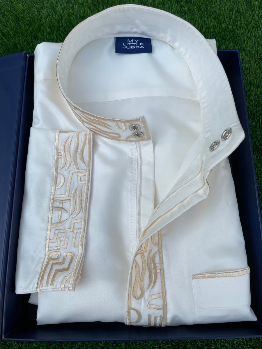 Premium Men's White Saudi Thobe with Gold Embroidery - Traditional Arabic Robe for Eid, Wedding & Special Occasions