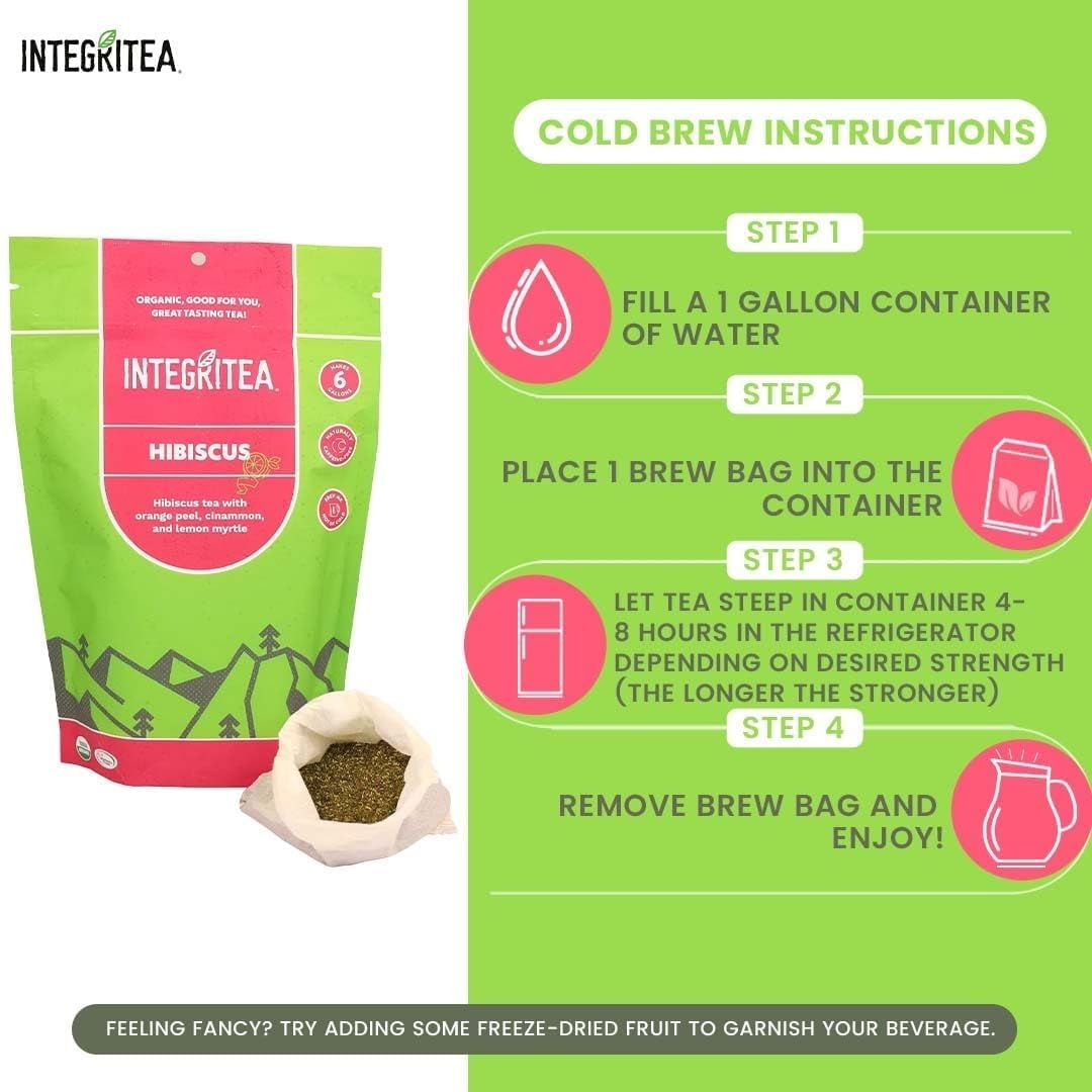 Organic Hibiscus Tea Bags - Unsweetened Herbal Tea for Hot or Cold Brew, 6-Bag Pack Makes 6 Gallons | Refreshing Iced Tea or Soothing Hot Tea, Perfect for Summer Drinks, Relaxation & Detox