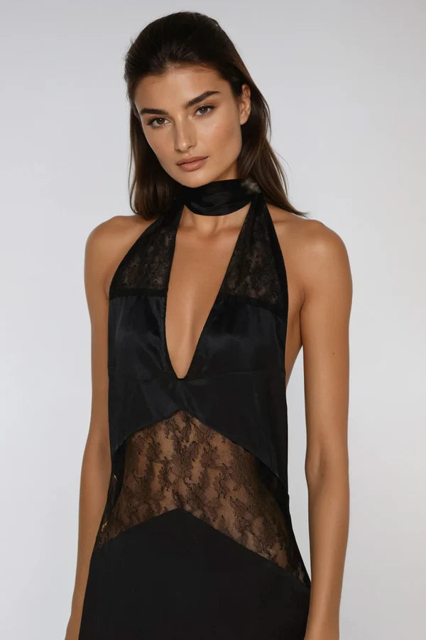 Clora Elegant Satin Halter Lace Maxi Dress for Women - Black | Formal Evening Gown for Weddings, Parties & Special Occasions